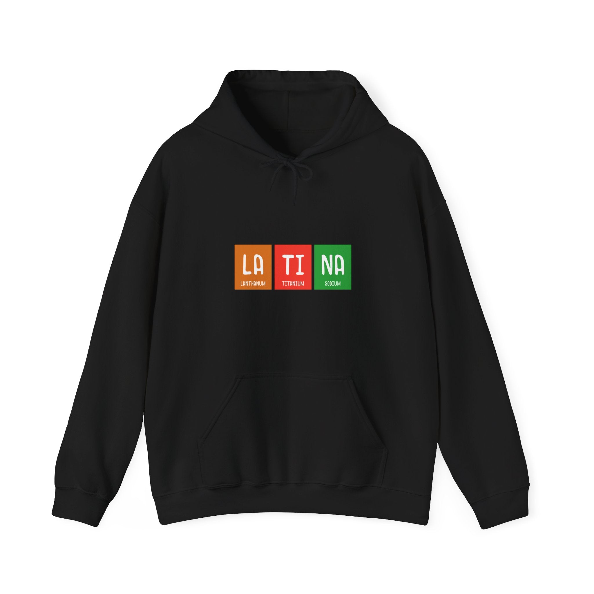 A black hooded sweatshirt with the LA-TI-NA - Hooded Sweatshirt design on the front in bold white letters over orange, red, and green squares. Each square also contains smaller white text below. Made from 100% cotton for ultimate comfort.