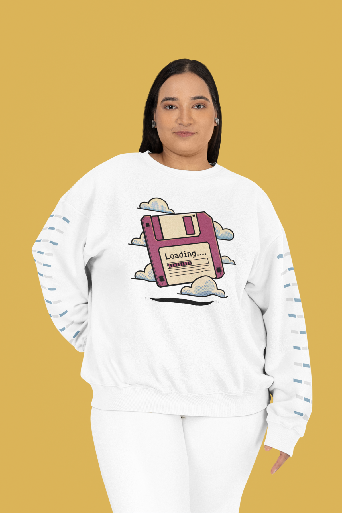'Loading' floppy disk sweatshirt in white, woman wearing it on mustard background, funny gift for developers