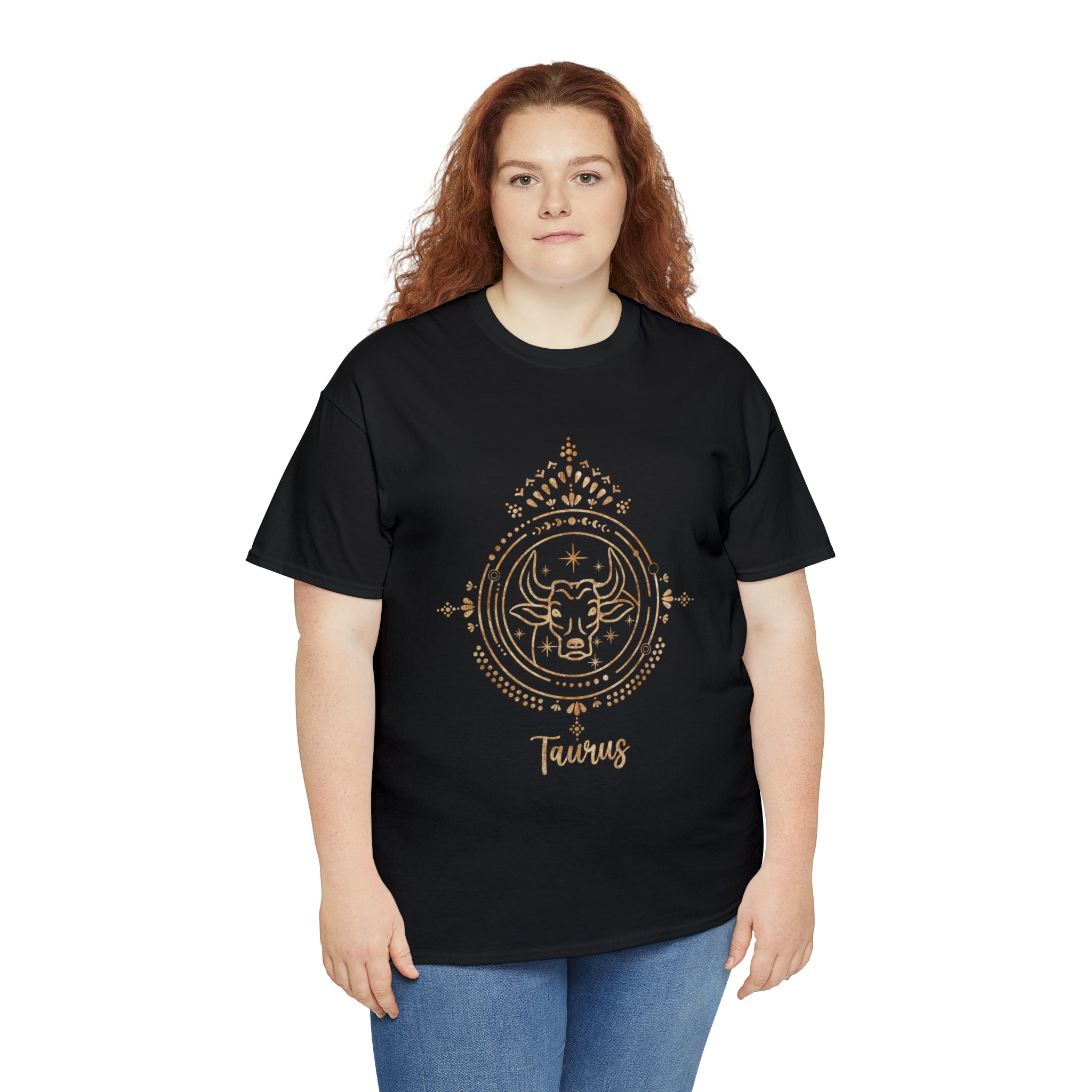 A steadfast woman wearing a Tauruses T-Shirt adorned with a gold design, exhibiting the personality traits of Taurus.