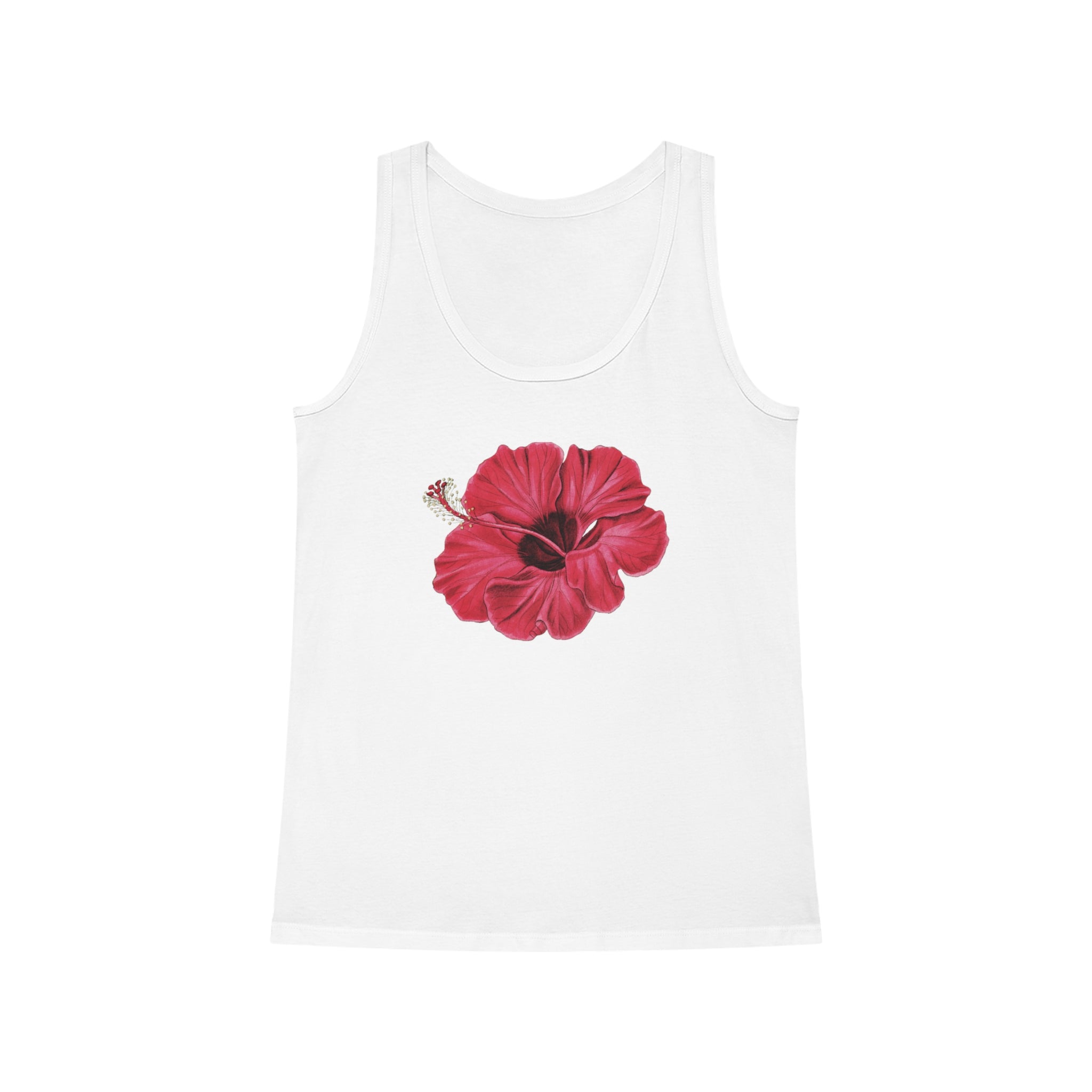 Red tank top featuring a large pink hibiscus flower design in the center.