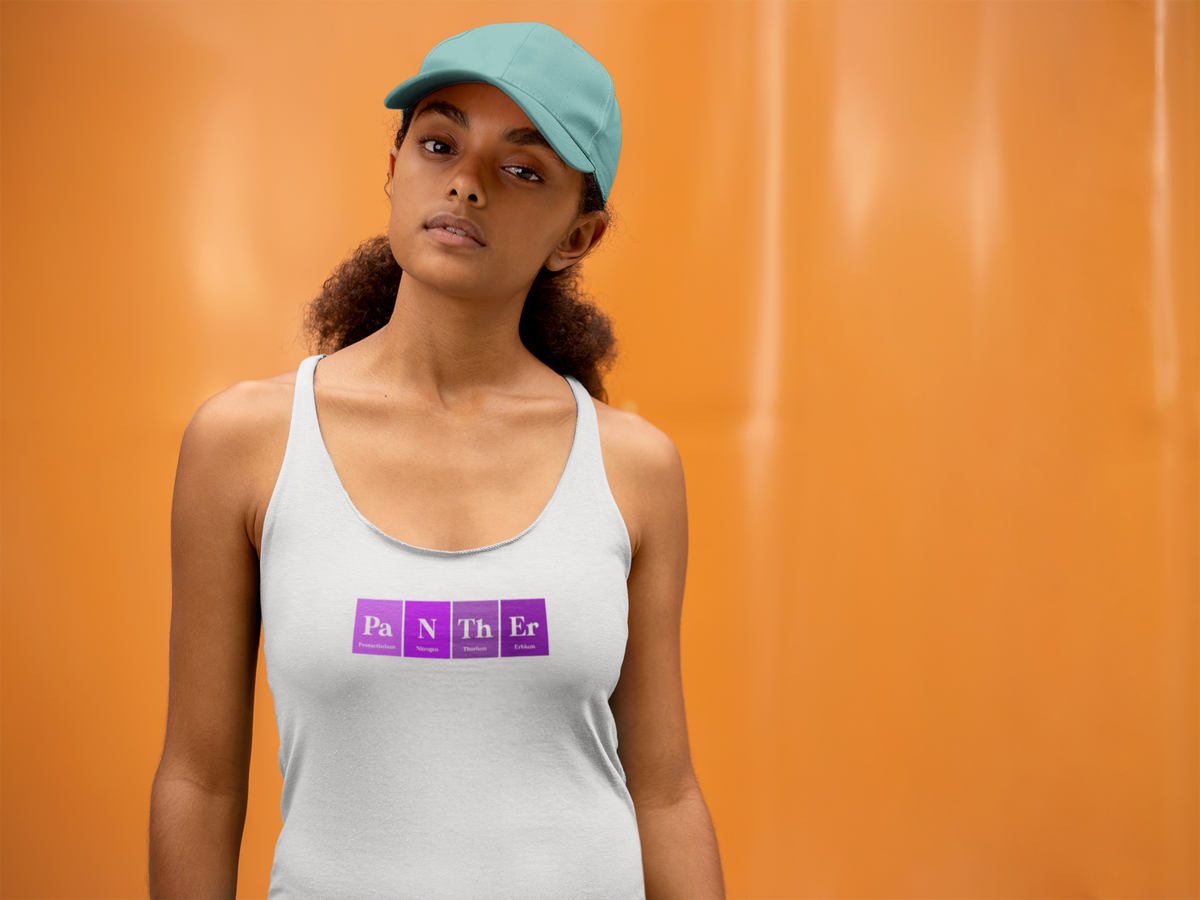 'Pa-N-Th-Er Periodic Table Women's Tank' in white, woman by an orange wall, Tank Top mockup, Geekpsters