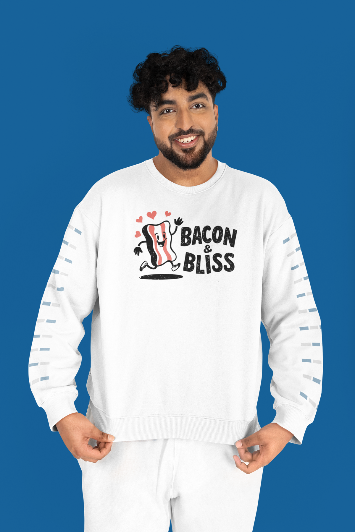 'Bacon & Bliss' sweatshirt in white, man wearing it on blue background, funny foodie sweatshirt gift
