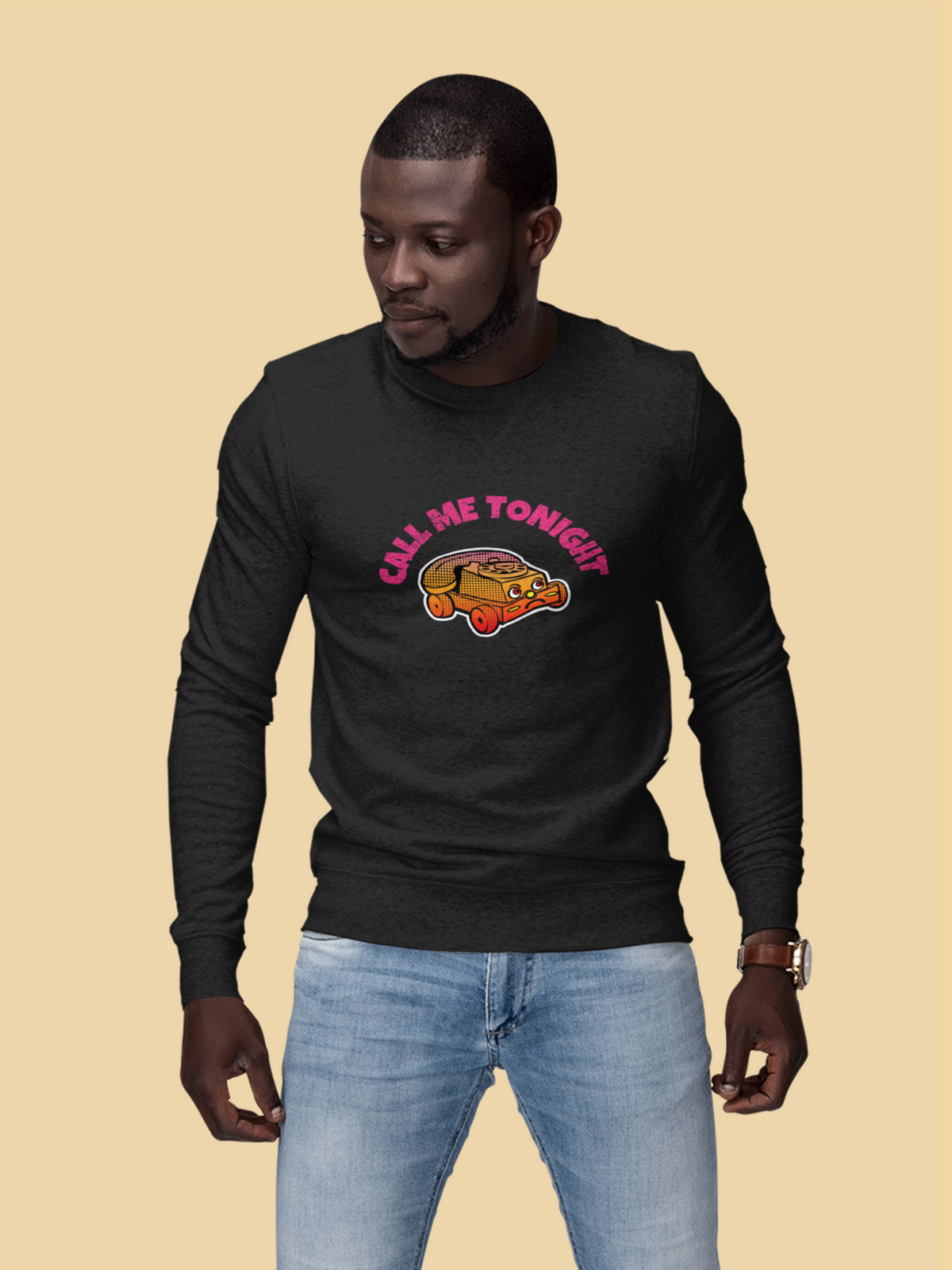 'Call Me Tonight' taco car graphic sweatshirt in black, man wearing it on tan backdrop, funny food pun gift