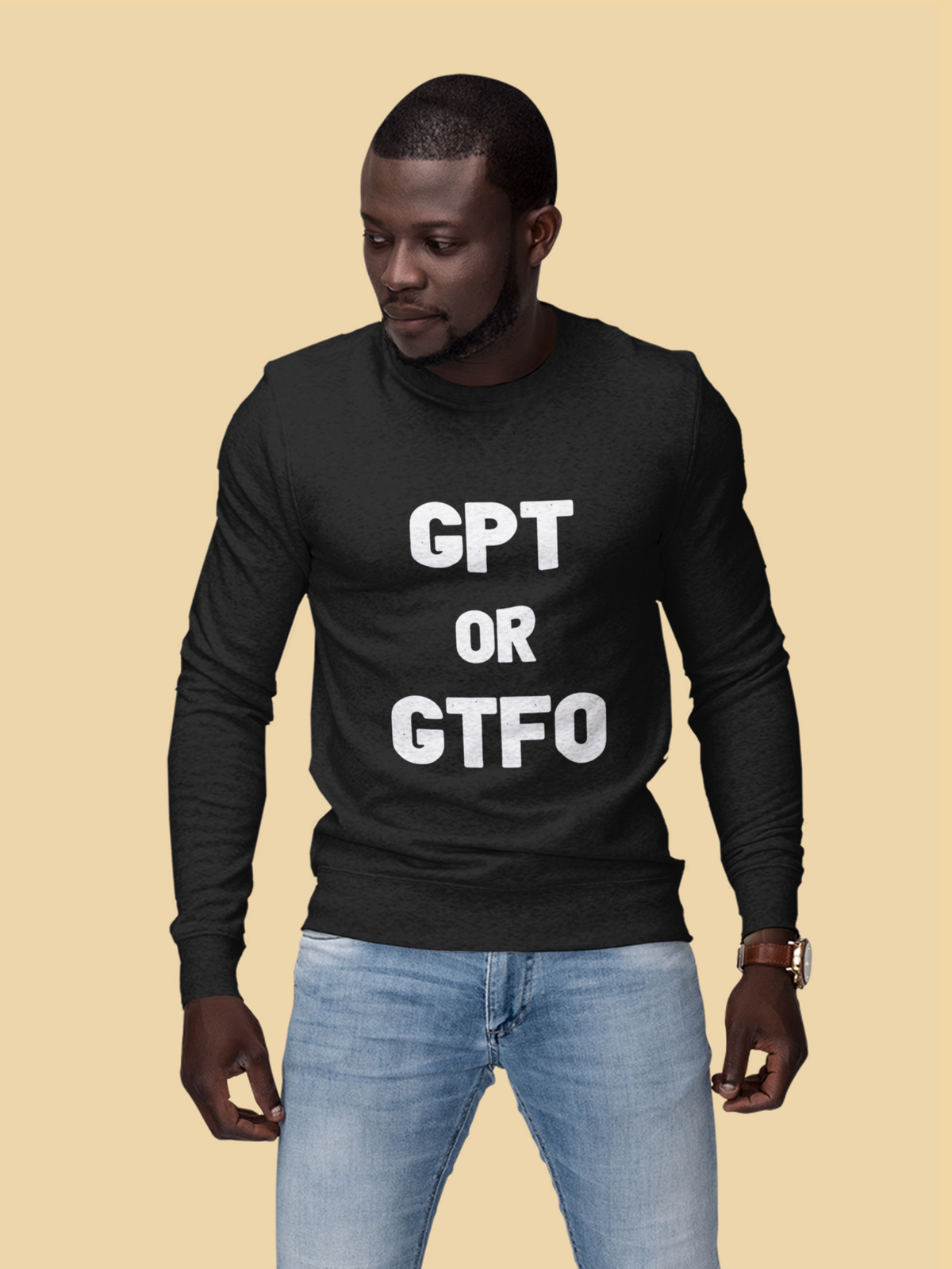 'GPT or GTFO' sweatshirt in black, man wearing it on yellow background, funny gift for coders