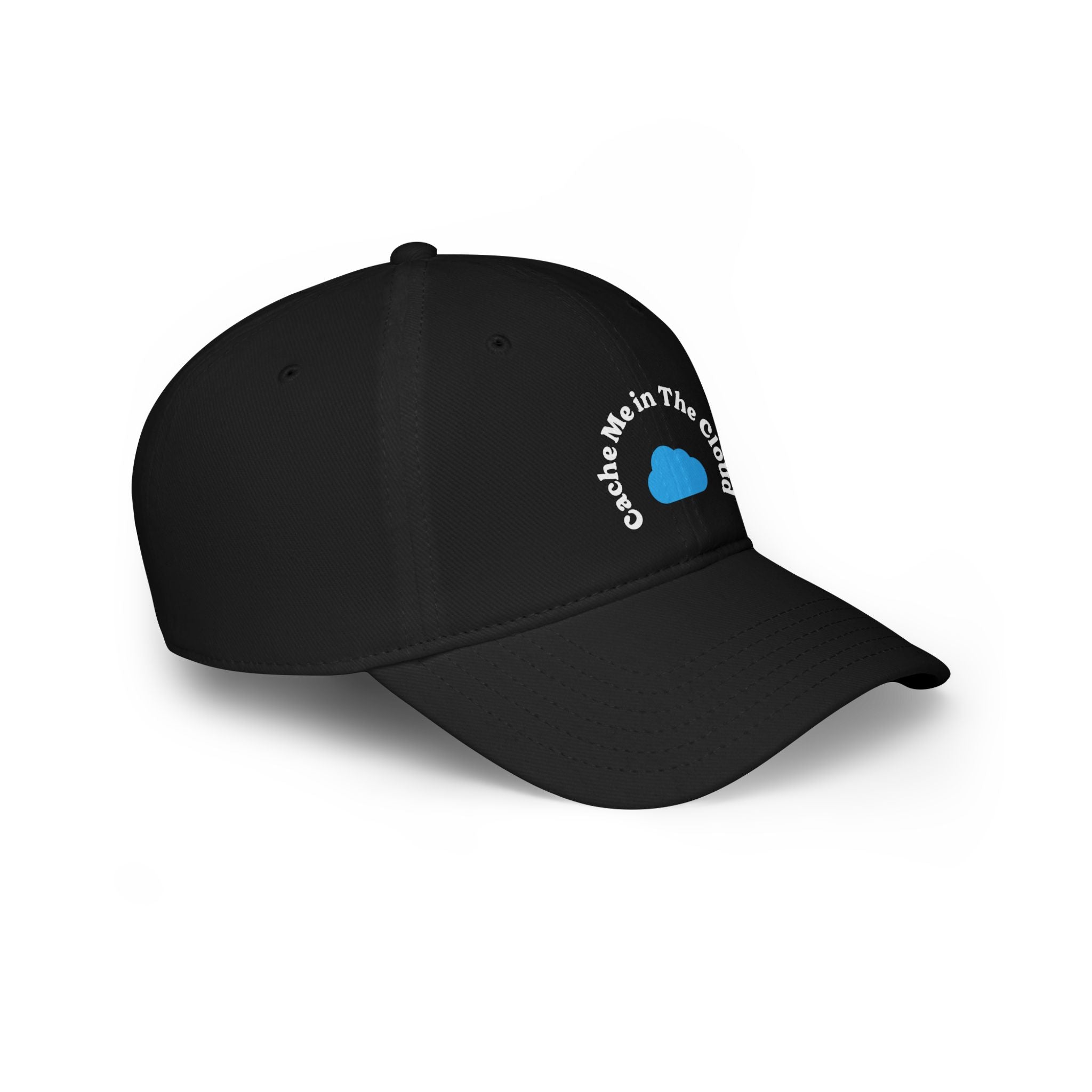 The Cache Me in The Cloud - Hat is a black baseball cap made from soft spun fibers, showcasing a blue heart graphic with the phrase "Cache Me in The Cloud" stylishly arched around it.