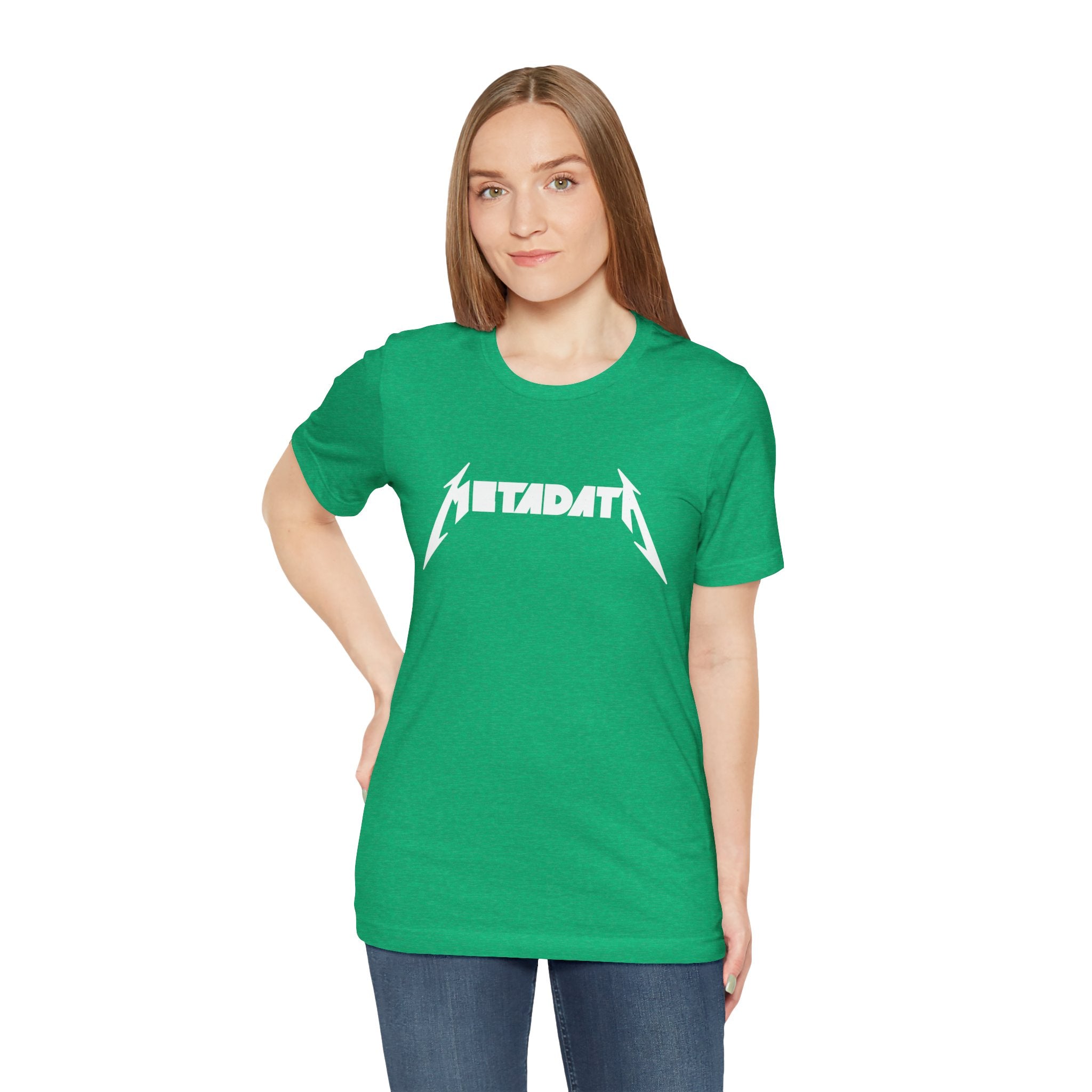 A person wearing the Metadata - T-Shirt, featuring a green design crafted from soft ring-spun cotton, with "METADATA" boldly printed on the front.