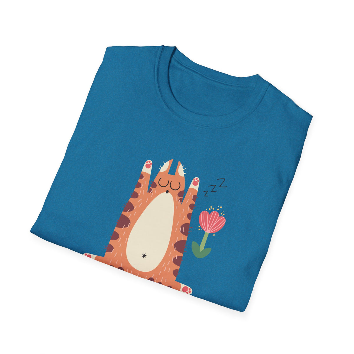 "You Make Me Go ZZZ" sleepy cat t-shirt in teal, folded flat lay, funny gift for cat lovers