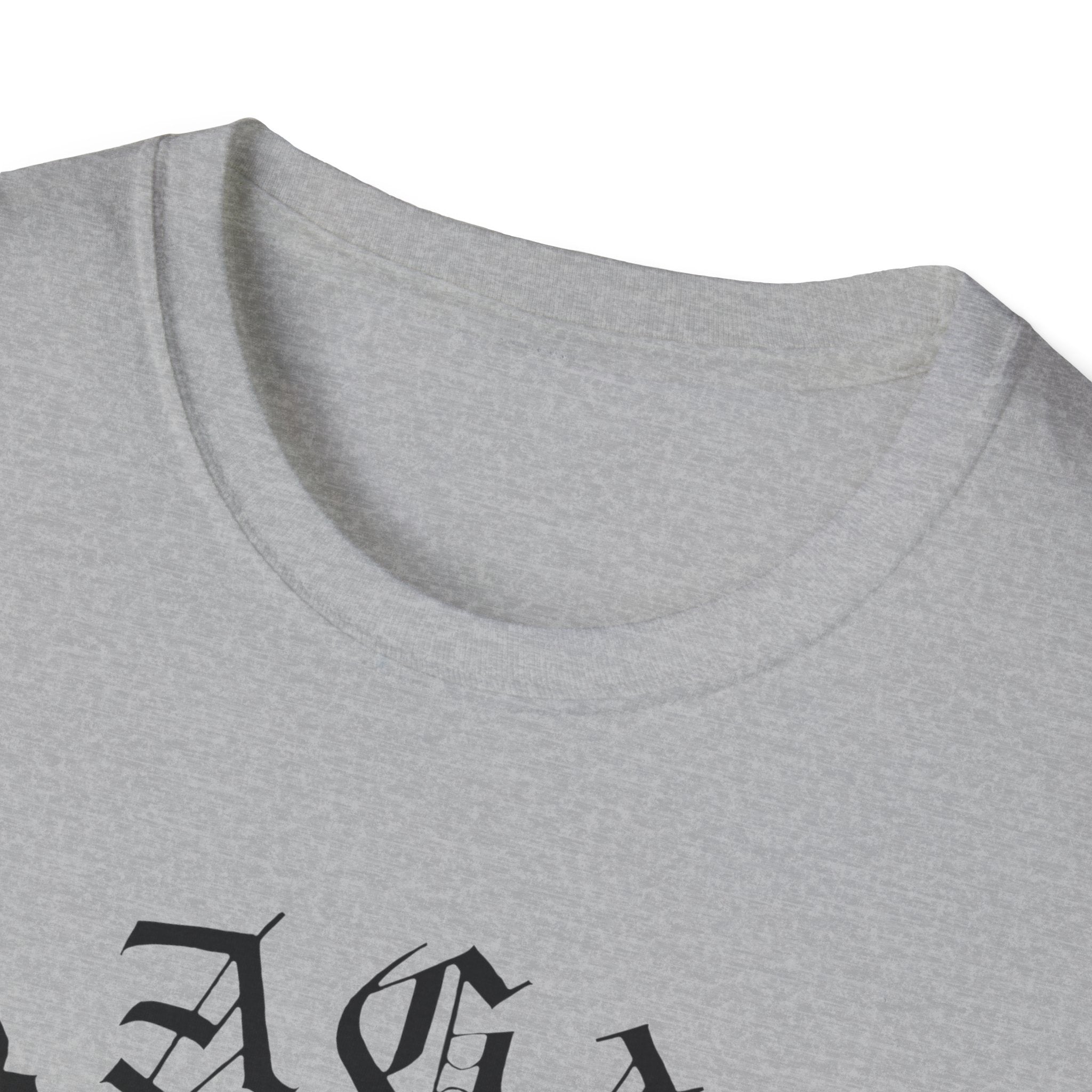 The Skater Angel features a gray crew neck T-shirt with partially visible black Gothic-style lettering near the neckline, providing a relaxed fit that embodies the spirit of angel skating.