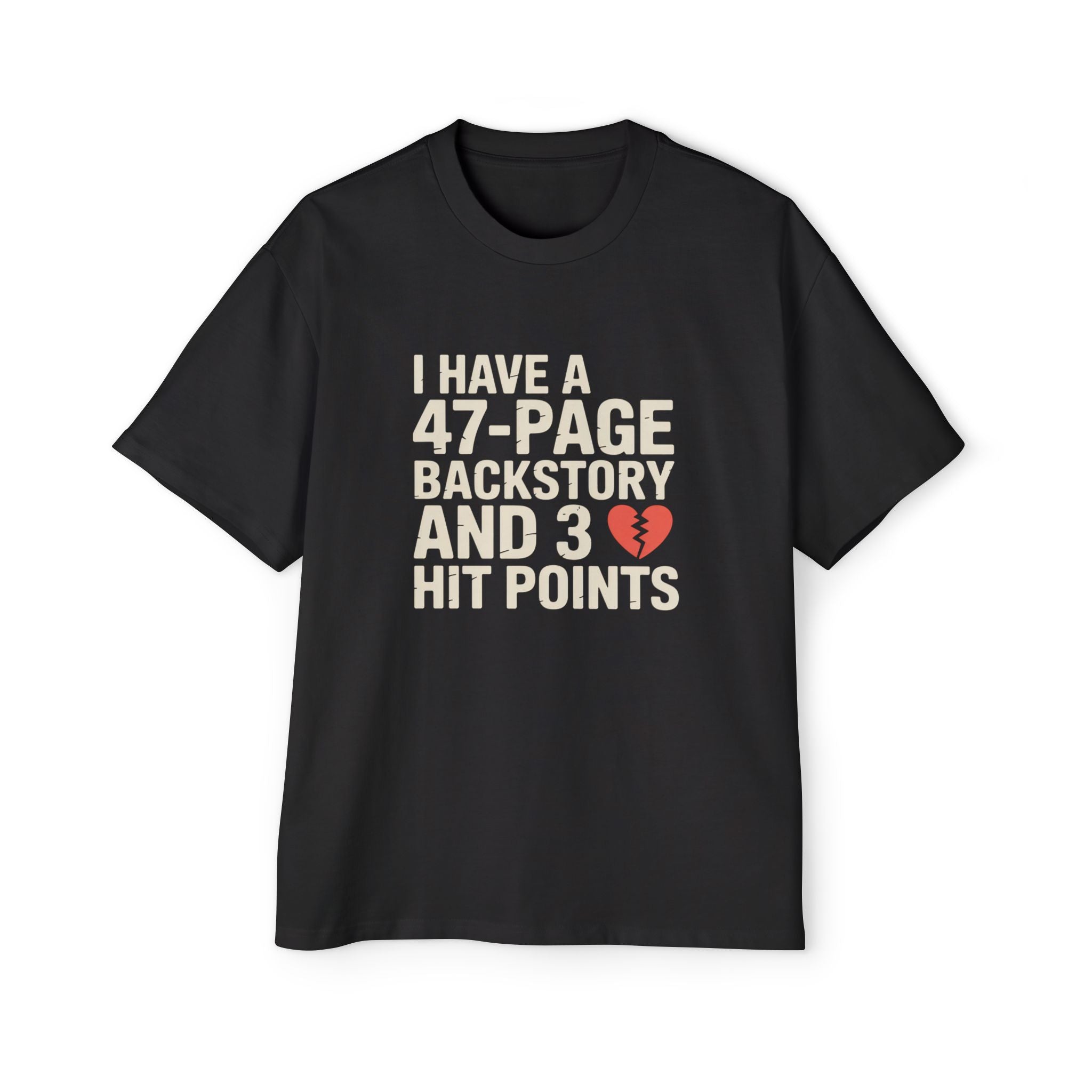 47-Page Backstory 3 Hit Points oversized tee in black and eucalyptus | Geekpsters