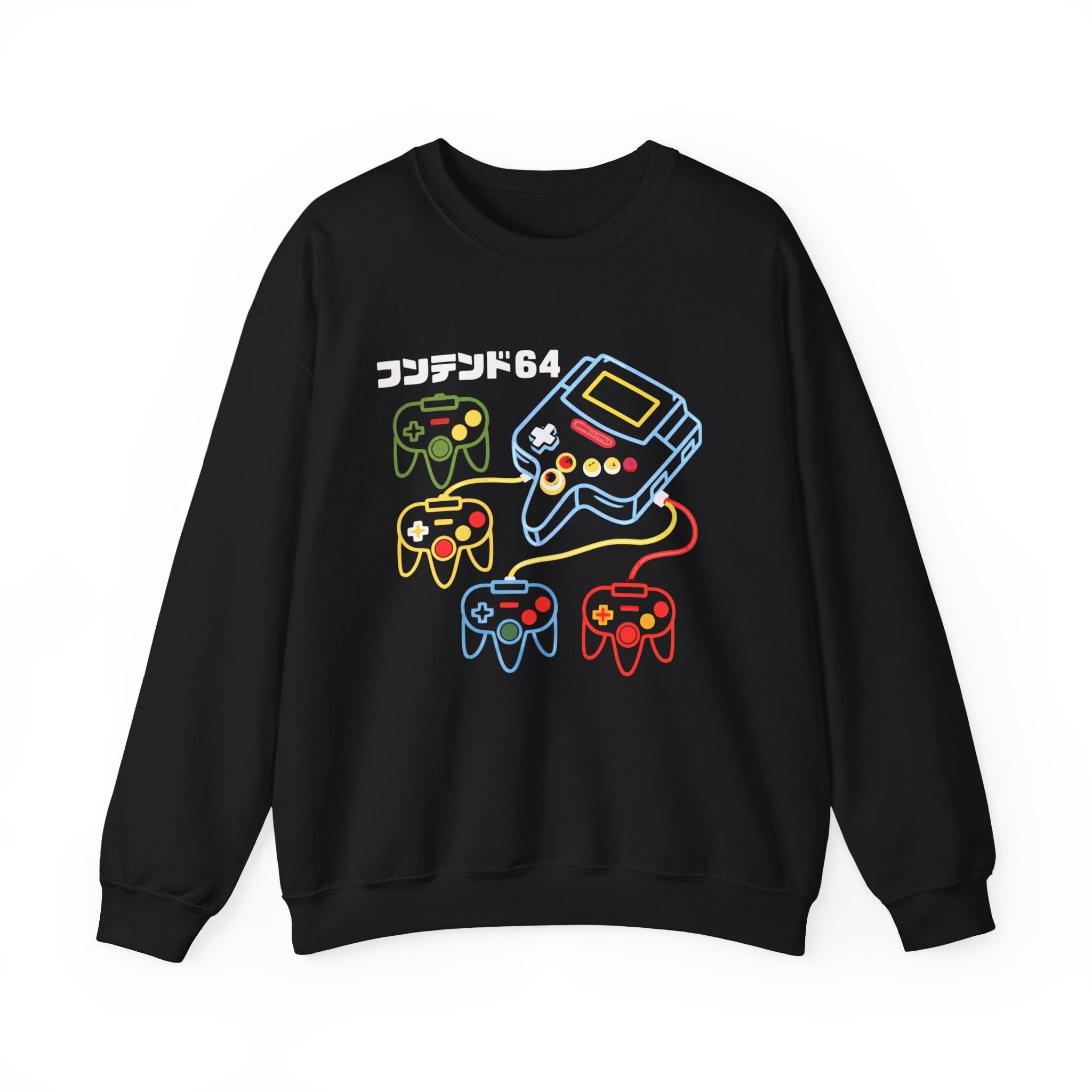 The Game Console - Sweatshirt is a black, cozy pullover with a retro game console and four controllers graphic, accented by Japanese text and "64"—ideal for coding marathons or fans of sci-fi style.