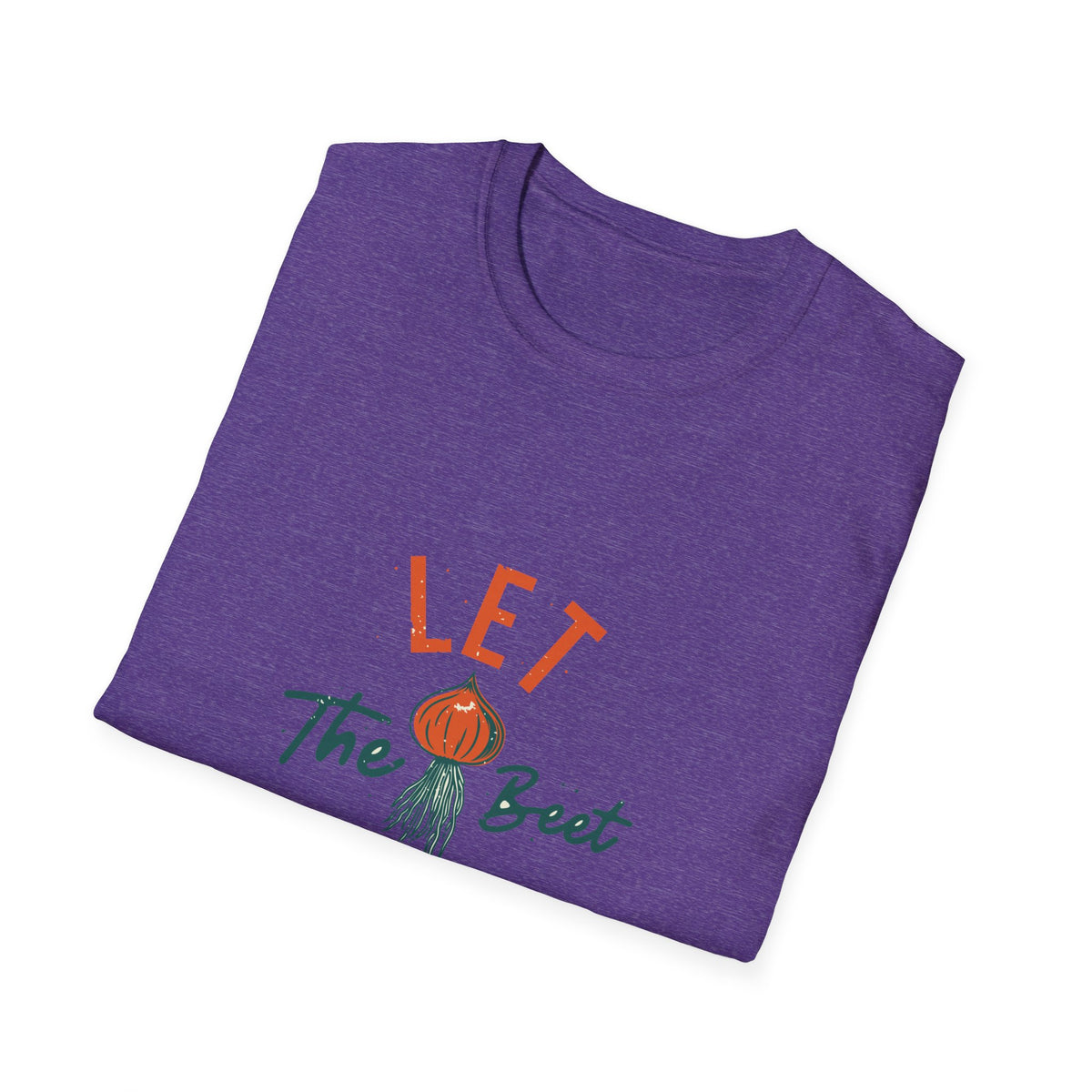 'Let the Beet Drop' beet pun print folded on purple t-shirt, funny gift for gardeners