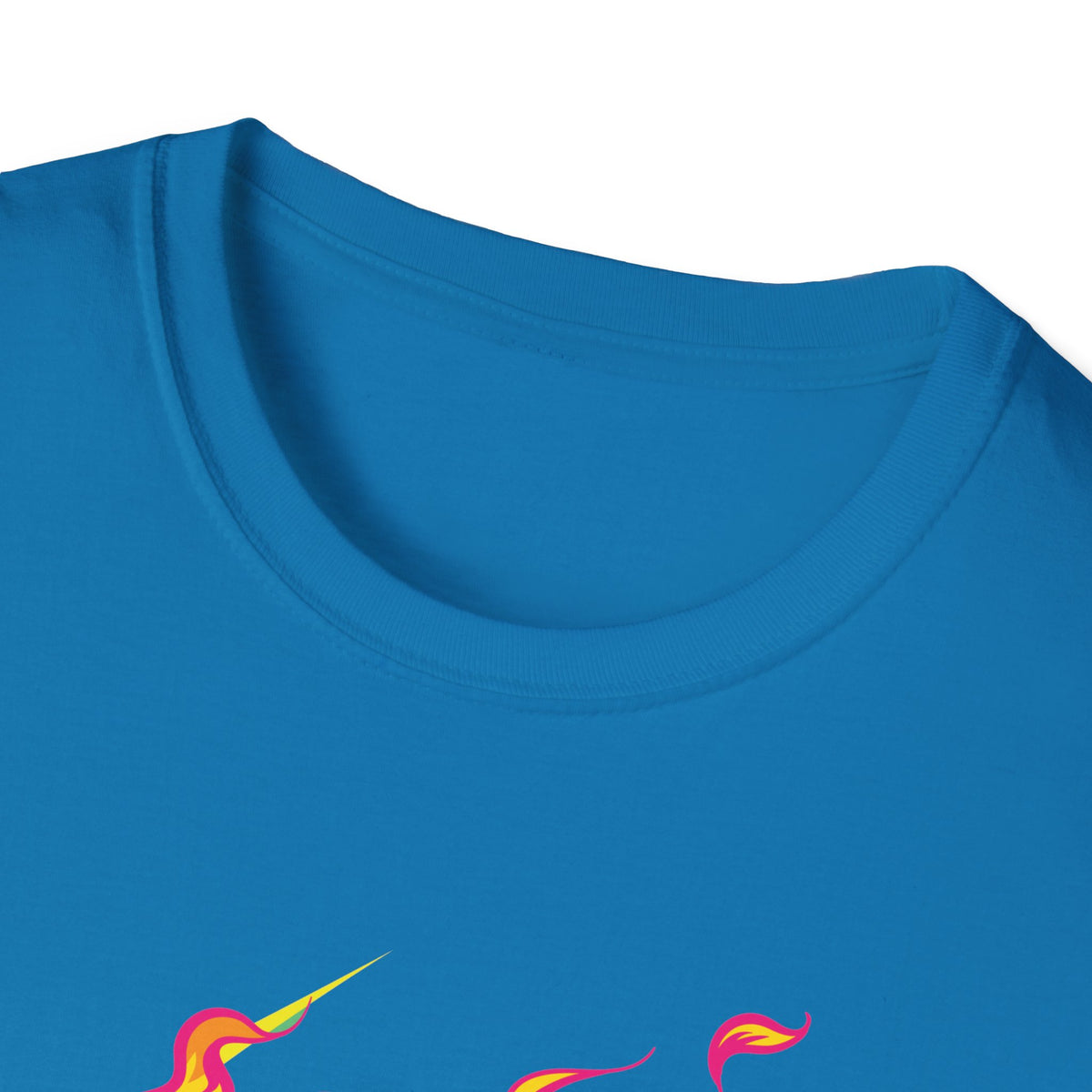 Close-up of 'Skull in Flames' t-shirt neckline in sapphire blue with flame print at hem, funny gothic tee