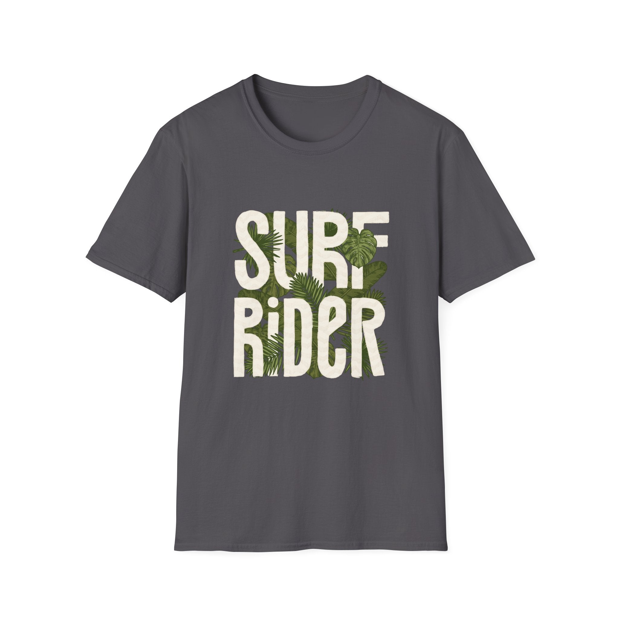 Surf Rider T-Shirt in gray, adorned with green leaf patterns, made from soft fabric that captures a relaxed beach vibe.