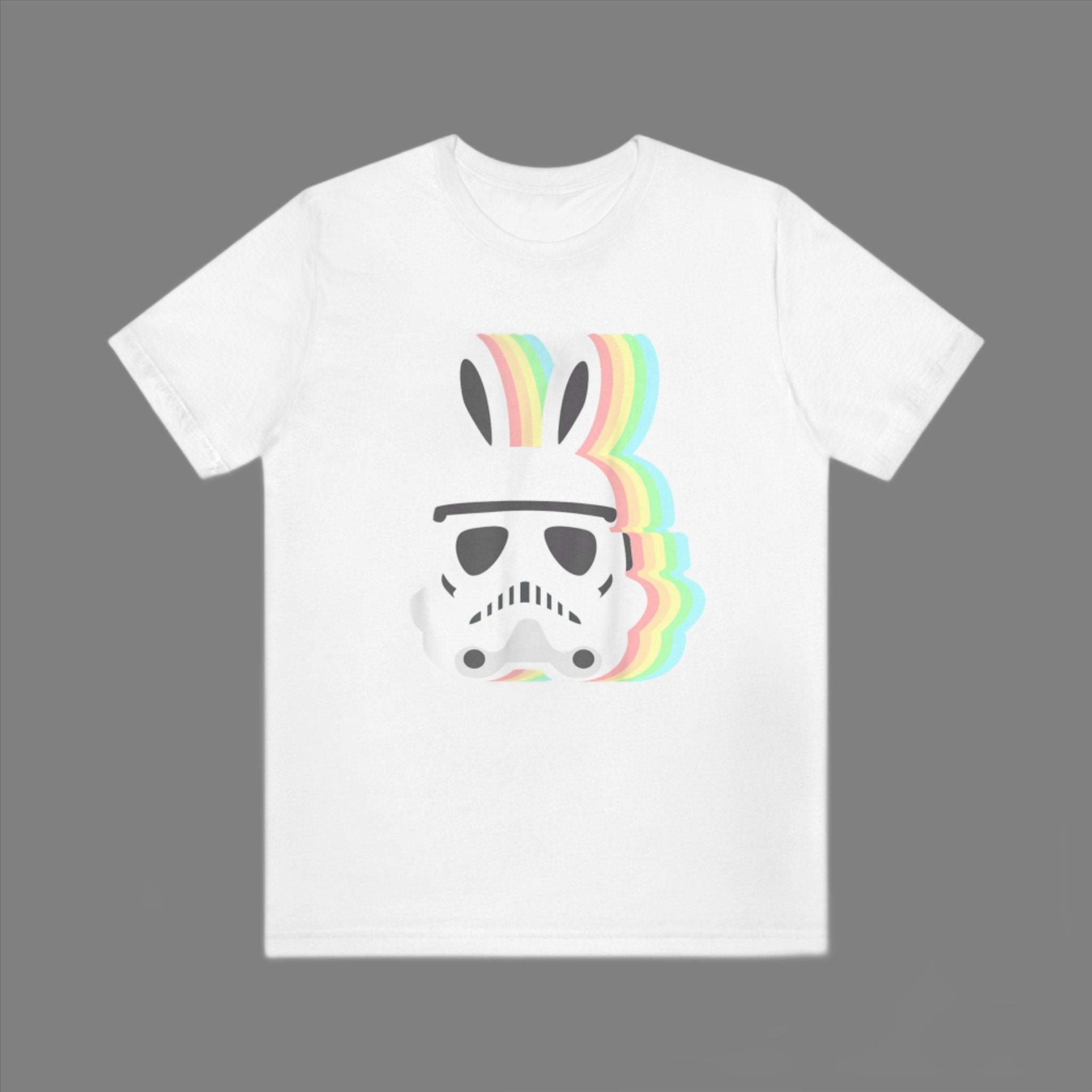 White tee featuring the Easter Stormtrooper Bunny design with colorful ears and rainbow trails.