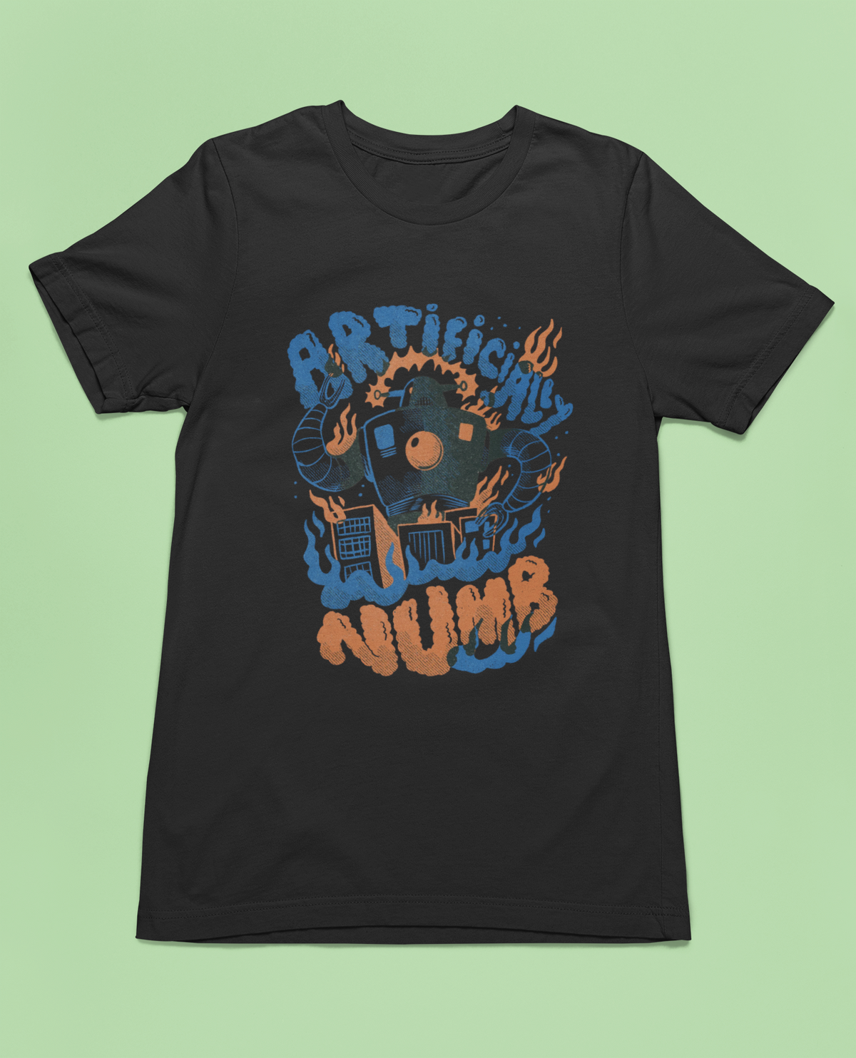 'Artificially Numb' robot t-shirt in black, styled on green backdrop, funny sci-fi gift idea