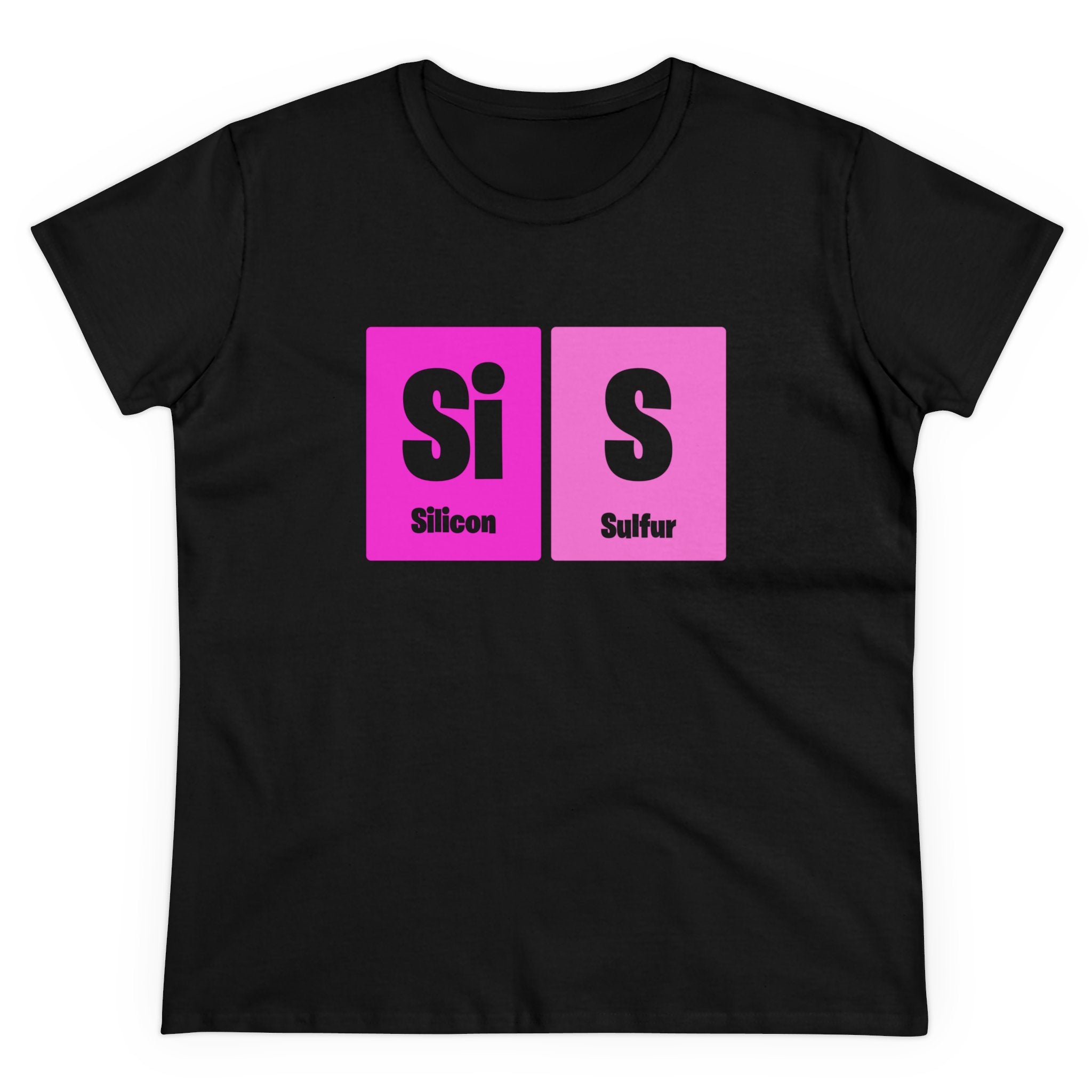 Si-S Light Pendant - Women's Tee featuring the periodic table elements Silicon (Si) and Sulfur (S) in pink boxes with labels, inspired by the chic Si-S Light Pendant.