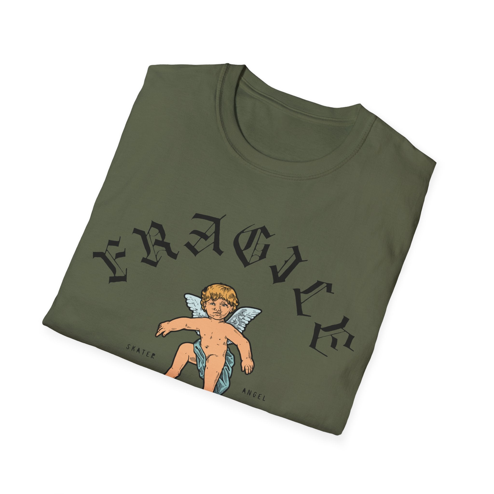 The Skater Angel t-shirt comes in a relaxed fit and olive green color, showcasing a graphic of a seated cherub with stylized black lettering that reads "FRAGILE," blending an edgy vibe with an angel skating theme.