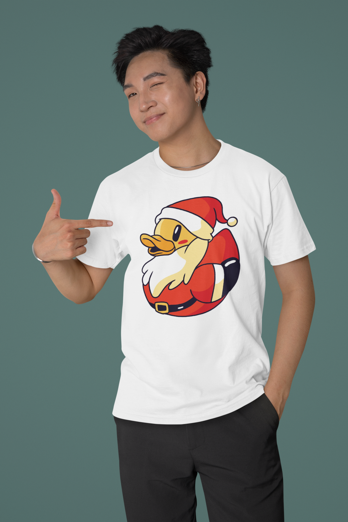Santa duck t-shirt in white, man model wearing it against a dark teal background, funny christmas gift shirt