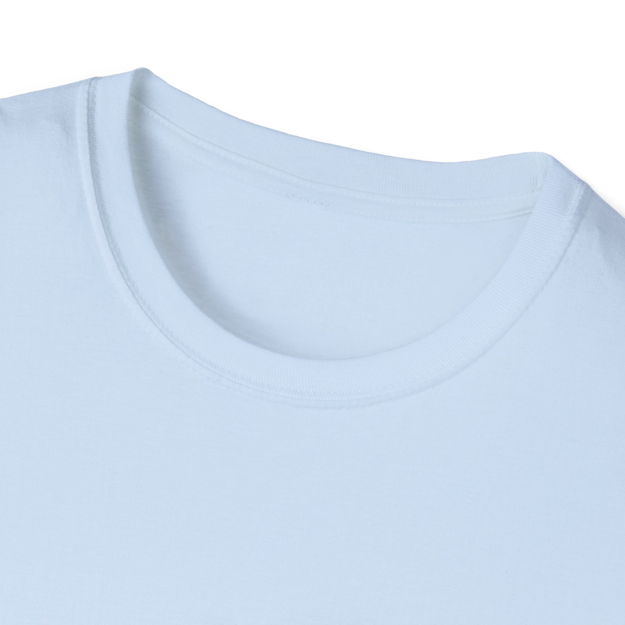 Close-up of a plain light blue Cartoon Lemon crew neck T-shirt showing the neckline and part of the chest area.