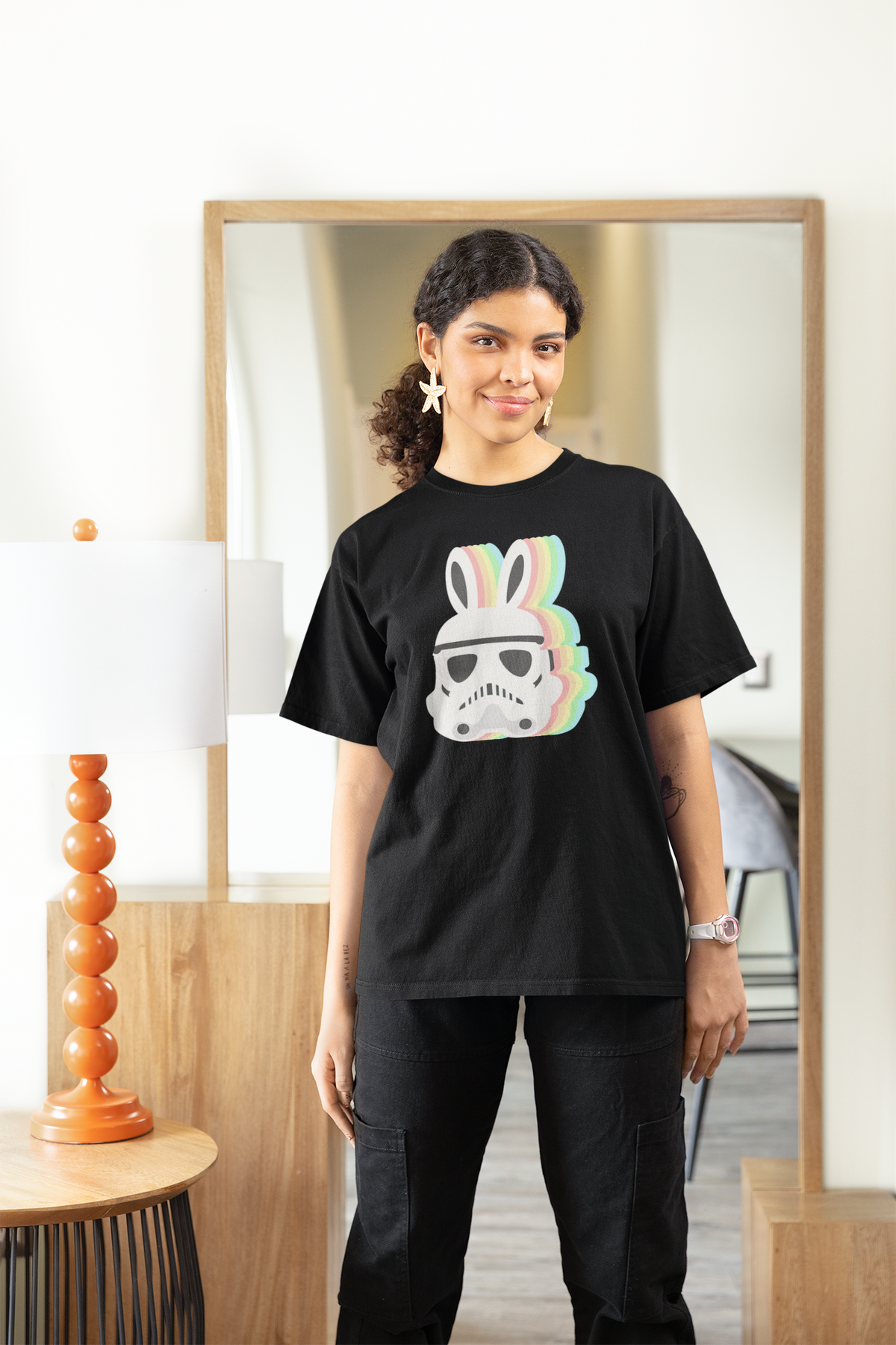 Star Wars Easter Stormtrooper Women's Tee in black, woman wearing it at home, funny Easter tee gift