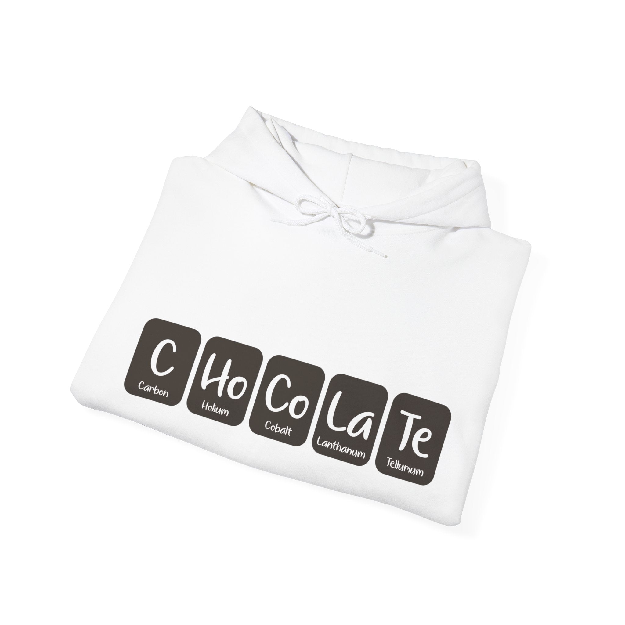Fashion-forward C-Ho-Co-La-Te - Hooded Sweatshirt featuring a unique design, where the word "CHOCOLATE" is cleverly spelled out using chemical element symbols from the periodic table.
