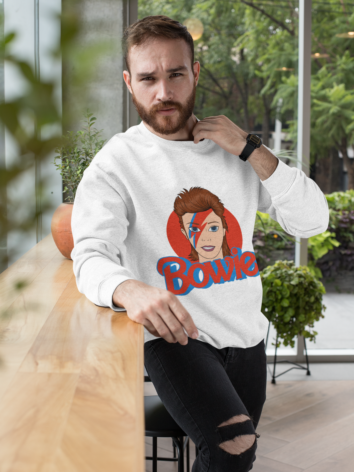 Bowie lightning bolt sweatshirt in white, bearded man wearing it in the city, rock star gift for him