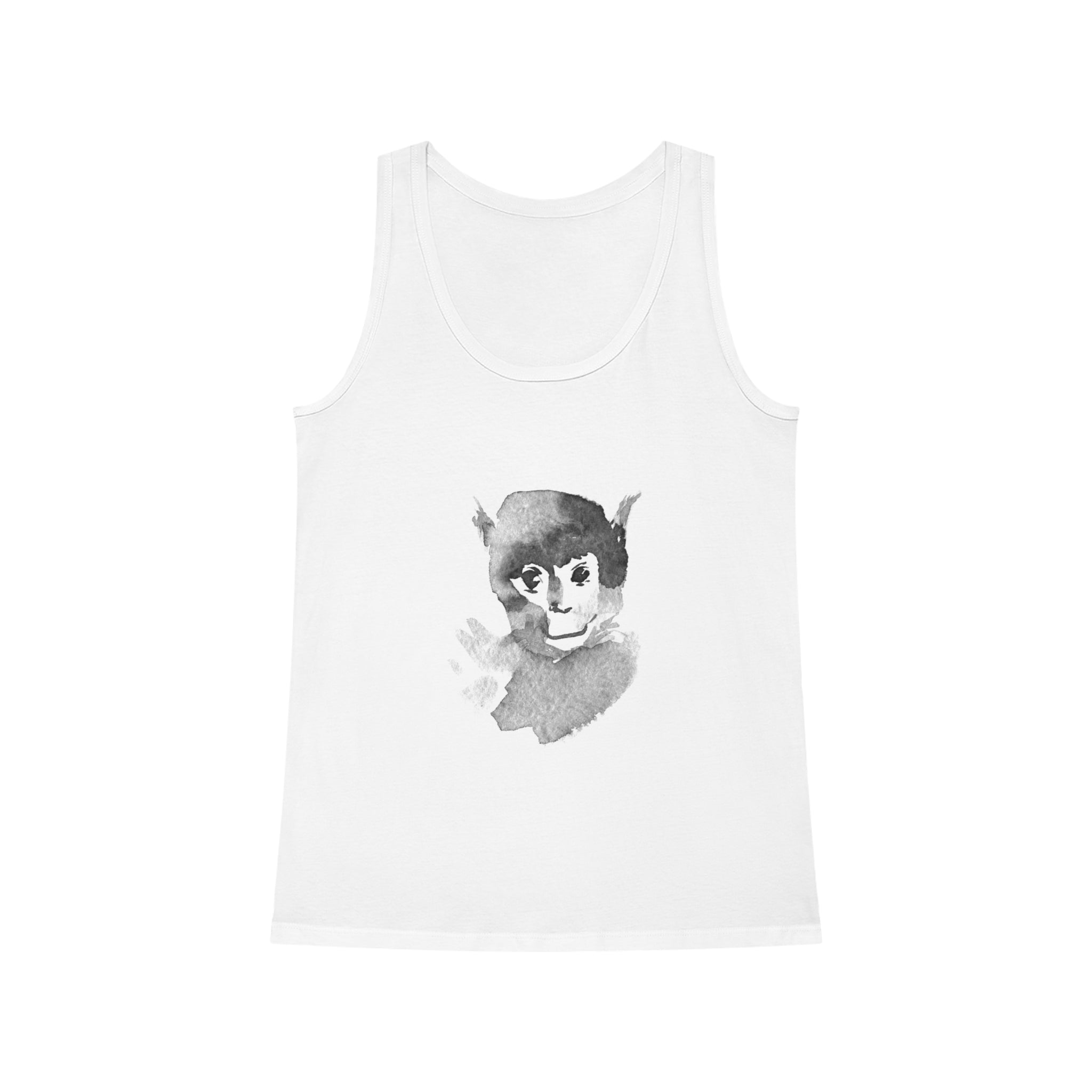 Introducing the Monkey Women's Dreamer Tank Top organic cotton, a versatile and stylish piece meticulously crafted from eco-friendly materials. This white tank features a grayscale watercolor illustration of a monkey on the front, making it both sustainable and fashion-forward.