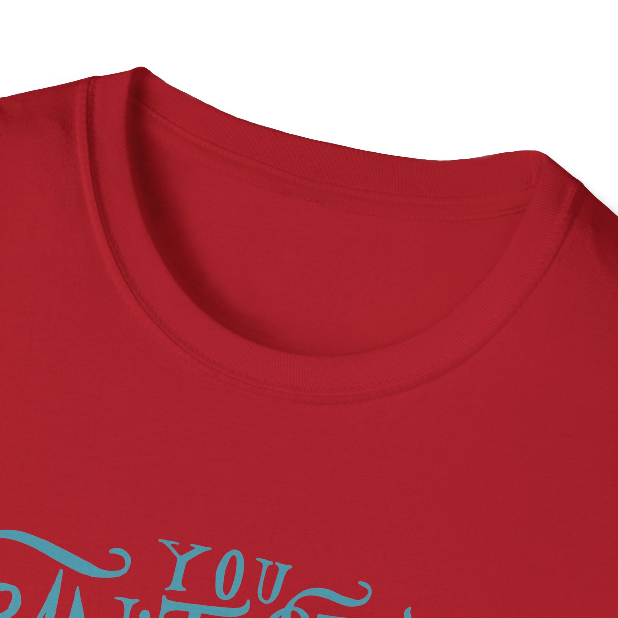 Red T-shirt with a vintage surf vibe, featuring partial blue text, "YOU CAN'T," at the bottom; inspired by the Can't Stop Surfing T-Shirt.