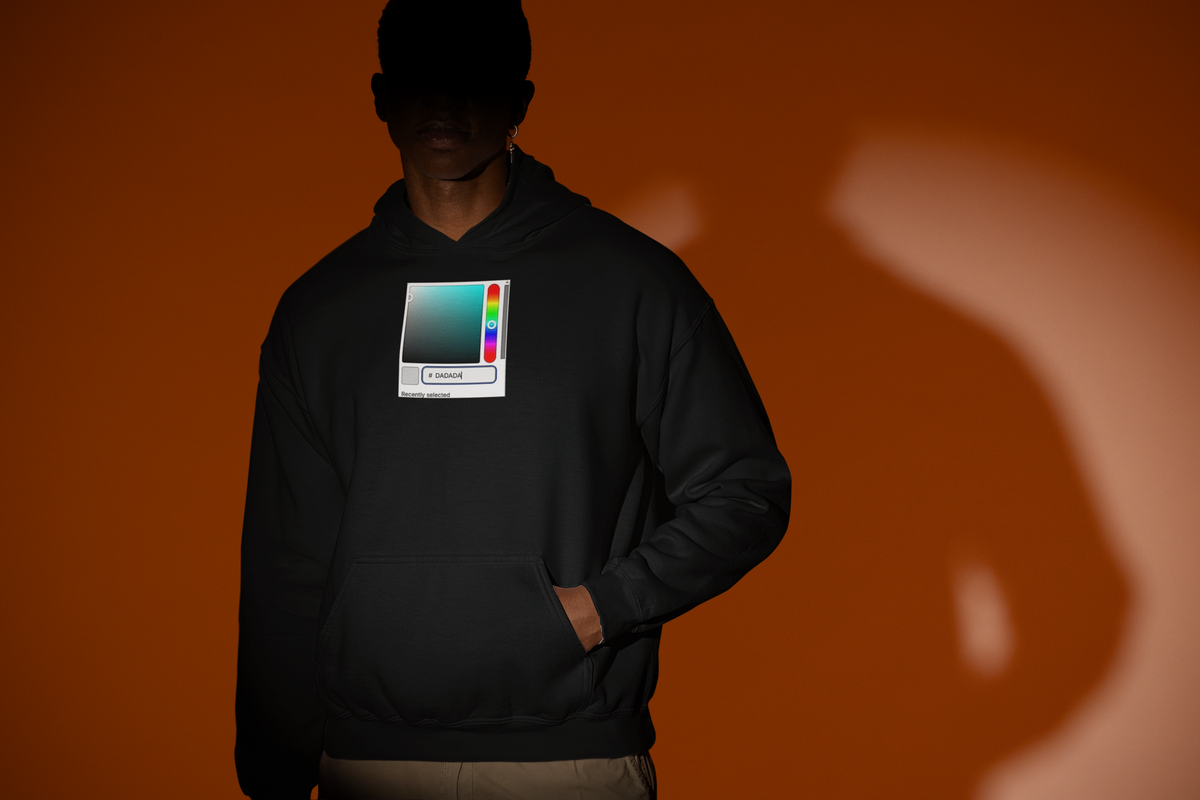 'DADA Paint Hoodie' in black, man under a spotlight, Hoodie mockup, Geekpsters