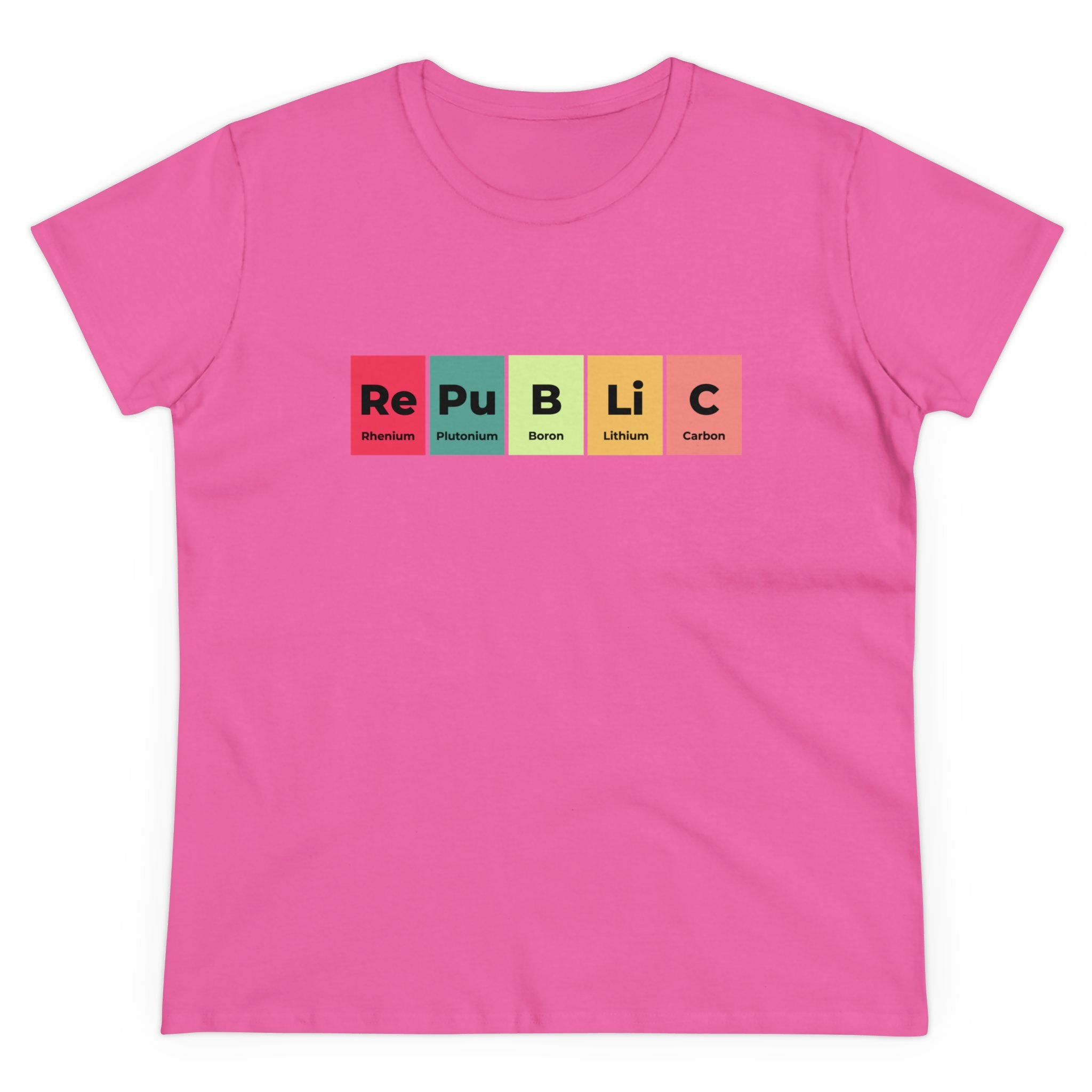 Republic - Women's Tee: Pink women's tee featuring the word "Republic" spelled out using illustrations of elements from the periodic table: Rhenium, Plutonium, Boron, Lithium, and Carbon. This fashionable and comfy t-shirt is perfect for showcasing your love for science.
