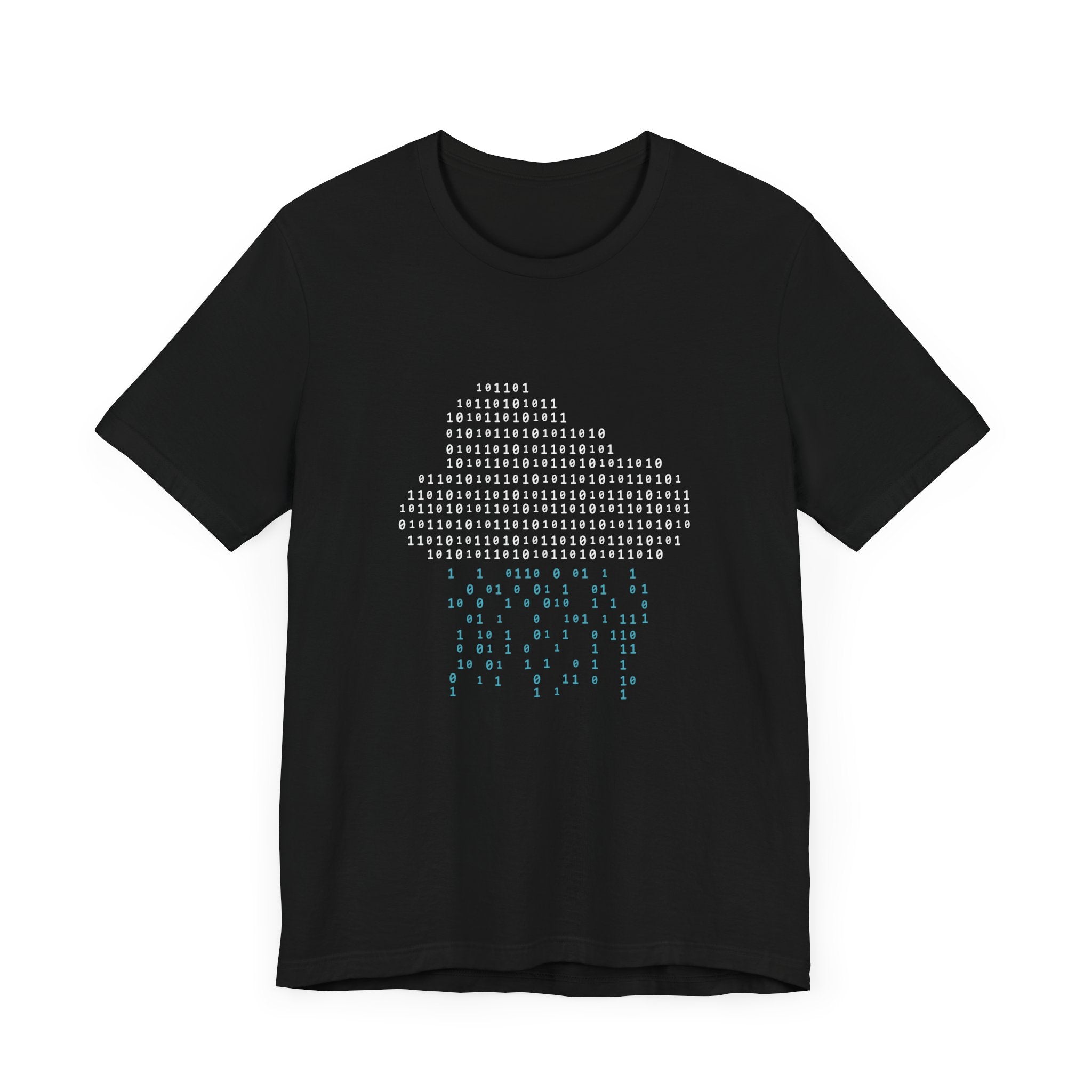 Black T-shirt with a pixelated graphic of an umbrella, made from blue and white binary code numbers. Crafted from soft Airlume combed ring-spun cotton, this Binary Rain Cloud - T-Shirt offers comfort and style in one unique design.