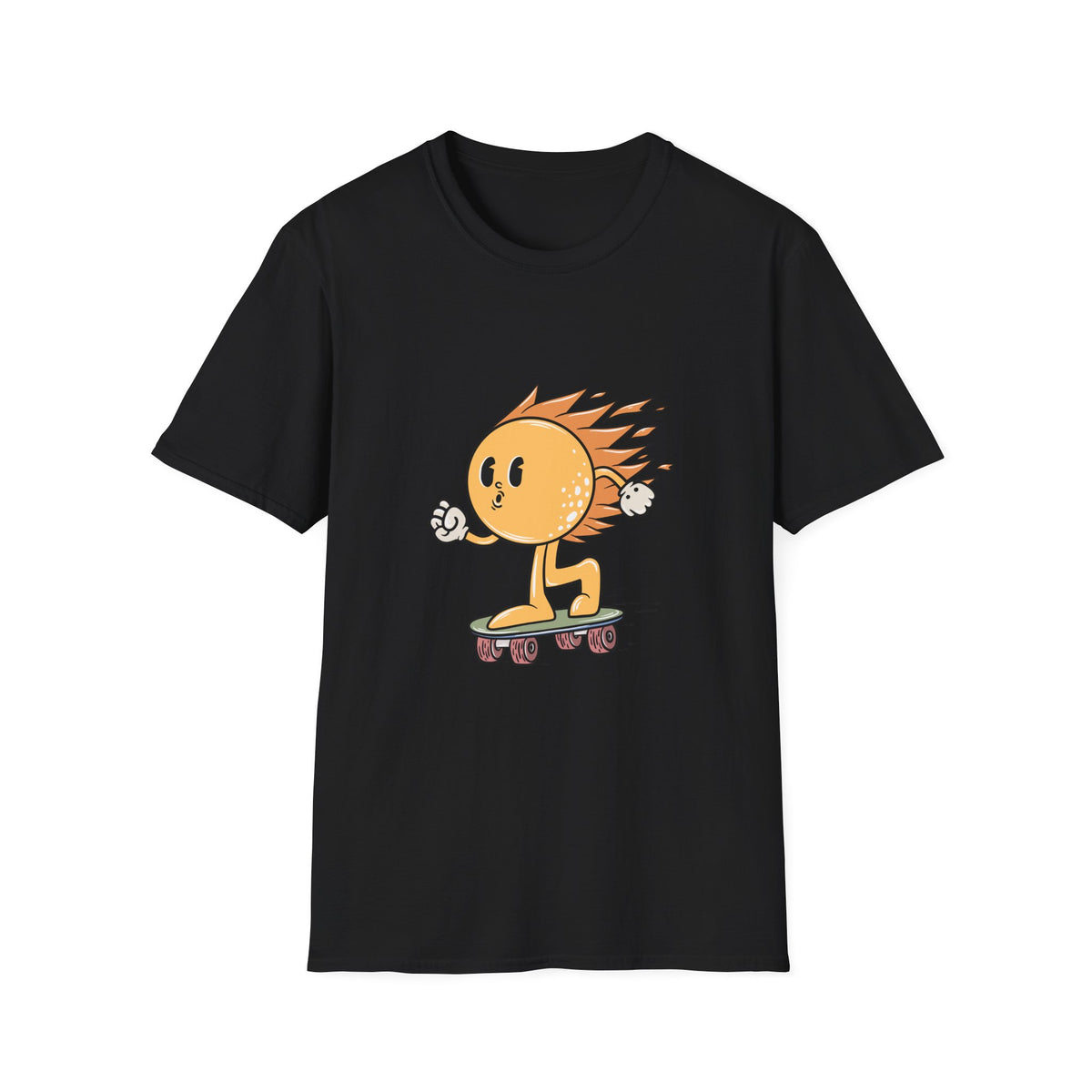 Hot Sun Cartoon skateboarding t-shirt in black, flat lay front print, funny summer graphic tee