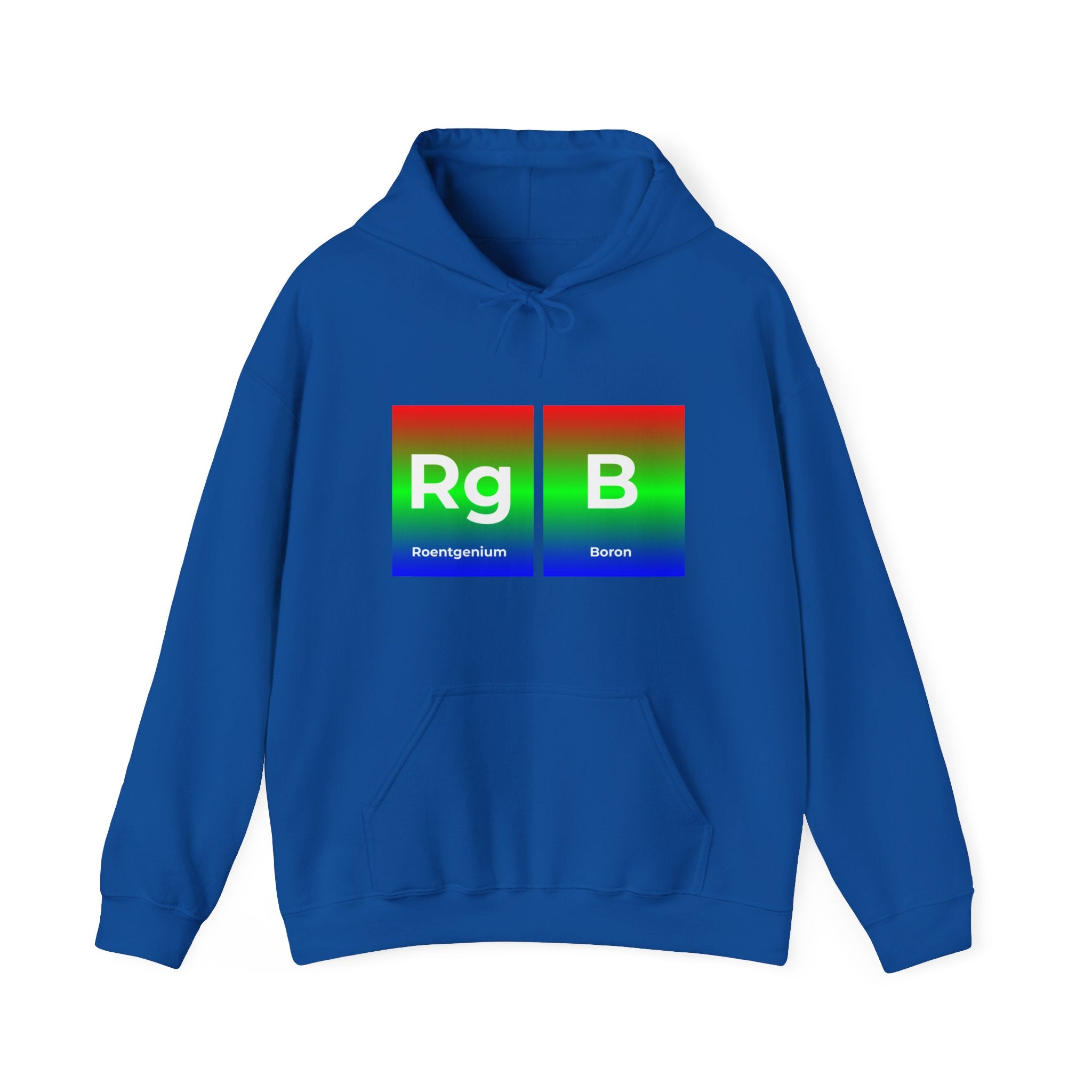 A comfortable blue RG-B - Hooded Sweatshirt featuring the elements Roentgenium (Rg) and Boron (B) from the periodic table, set against a striking red, green, and blue gradient background. This RG-B design seamlessly blends style and science.