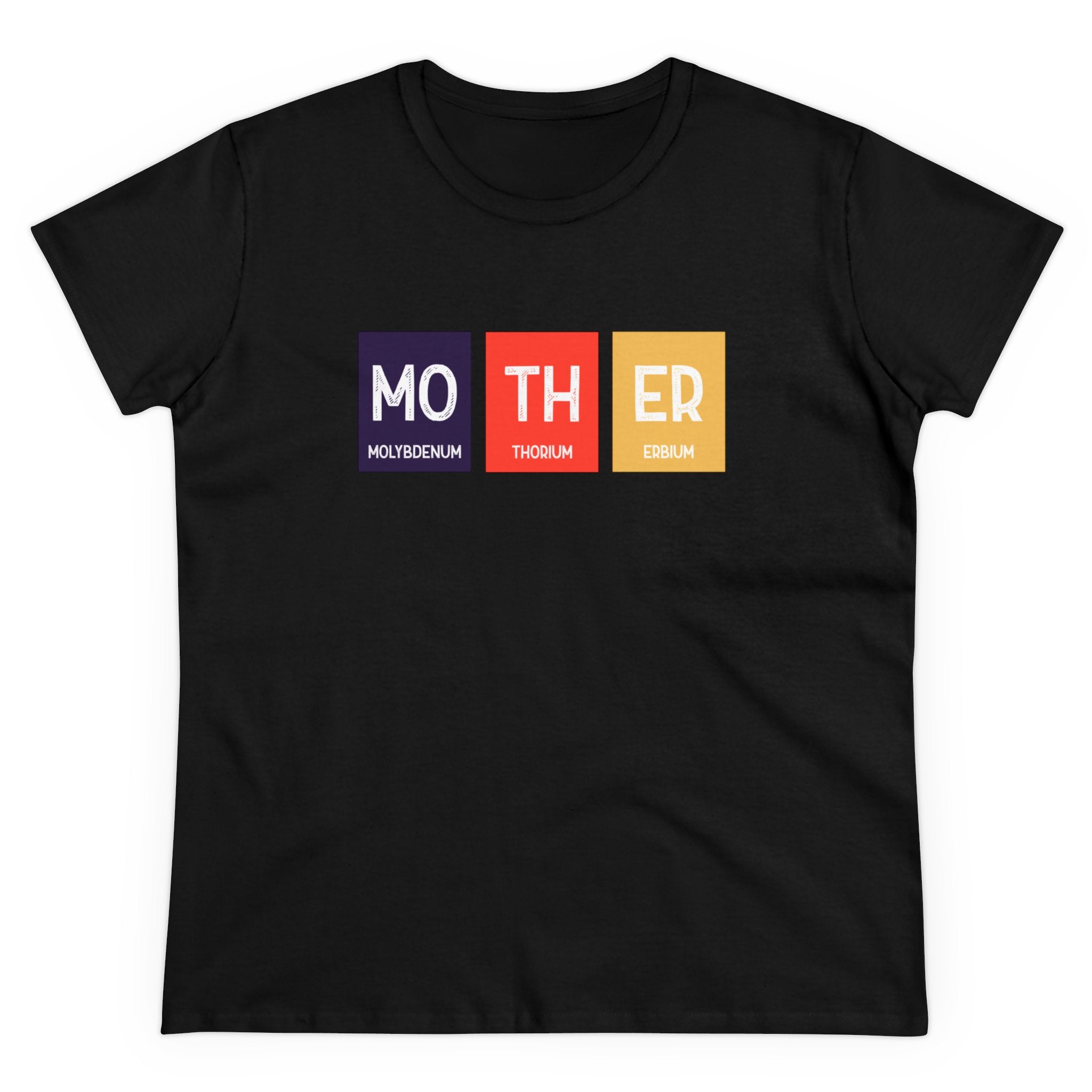 Mo-TH-ER - Women's Tee featuring the word "MOTHER" spelled out using elements from the periodic table: Molybdenum (Mo), Thorium (Th), and Erbium (Er). This stylish and eco-friendly Mo-TH-ER design is perfect for any science enthusiast.