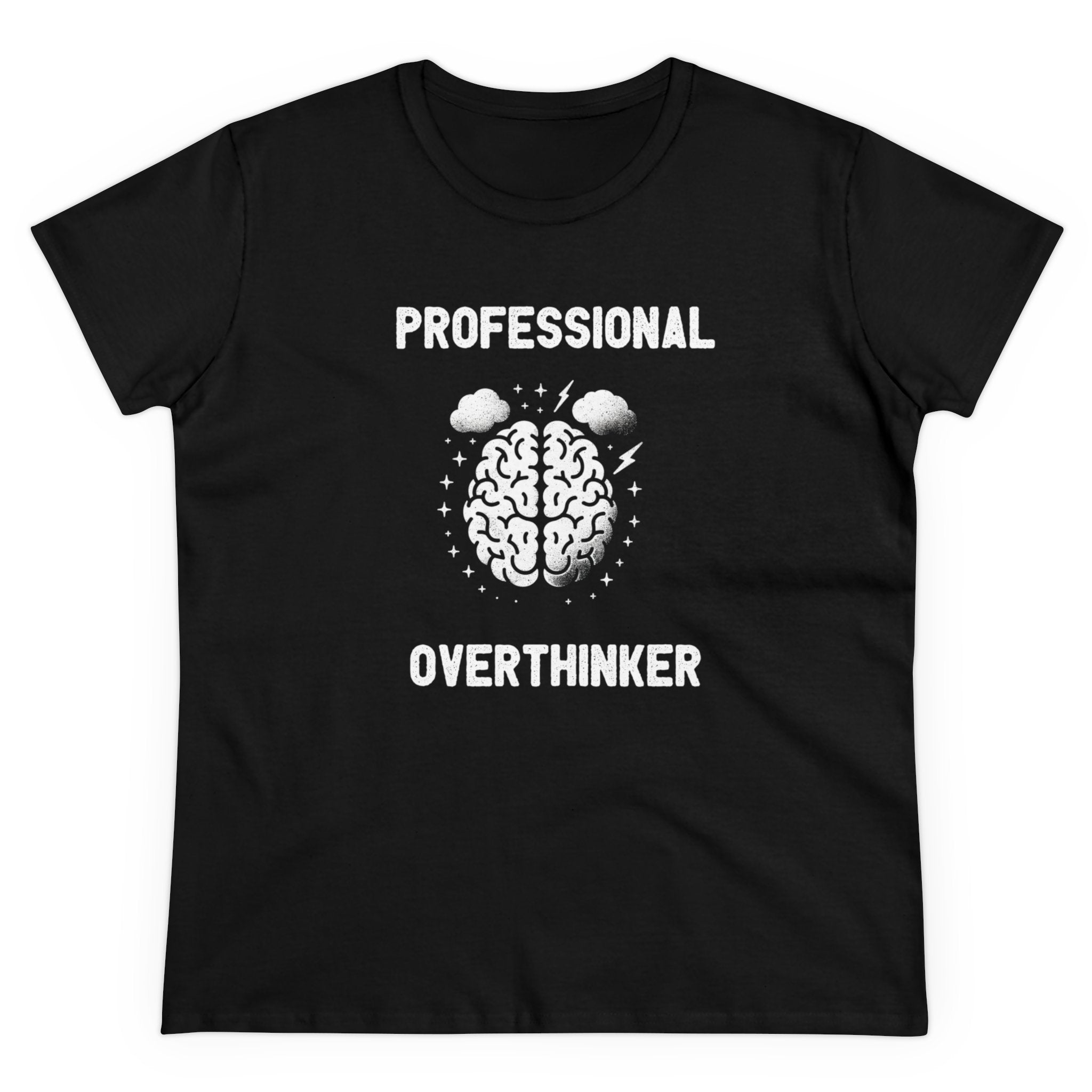 Black women's tee with white text "Professional Overthinker" above and below a detailed brain graphic adorned with lightning bolts and clouds. This semi-fitted shirt boasts a unique design perfect for those who embrace their overthinking nature in style. Introducing the Professional Overthinker - Women's Tee.