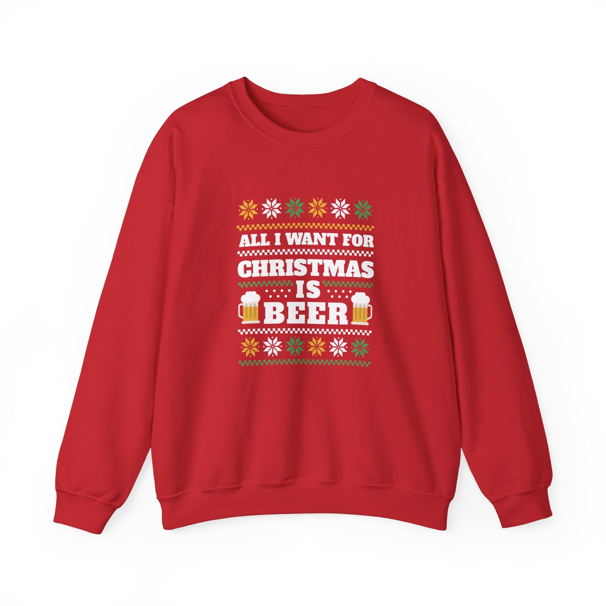 A red Beer Ugly Sweater - Sweatshirt with the text "All I Want for Christmas is Beer" and decorative patterns including beer mugs, snowflakes, and stars makes the perfect cozy choice for colder months.
