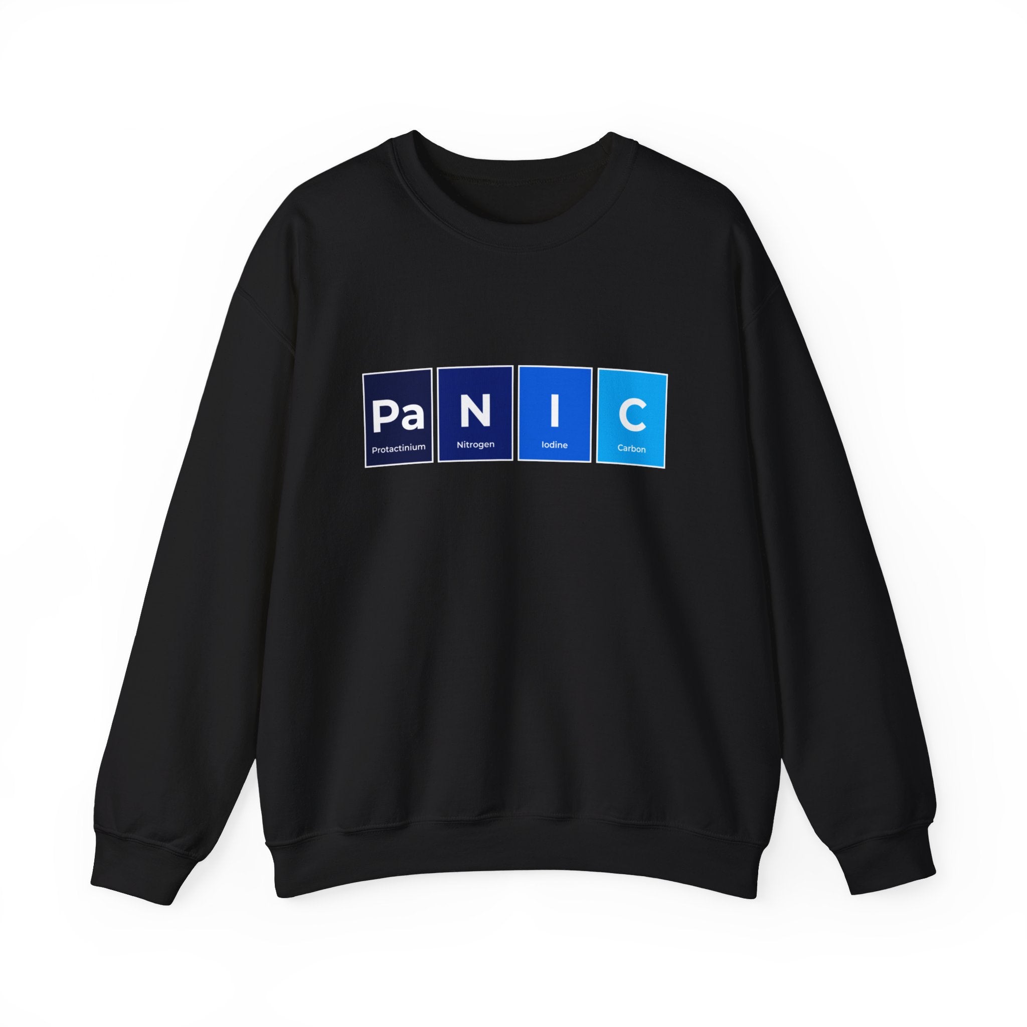 A black **Pa-N-I-C - Sweatshirt** perfect for colder months, featuring the cozy Pa-N-I-C design on the front in blue periodic table-style squares with chemical symbols for Protactinium, Nitrogen, Iodine, and Carbon.