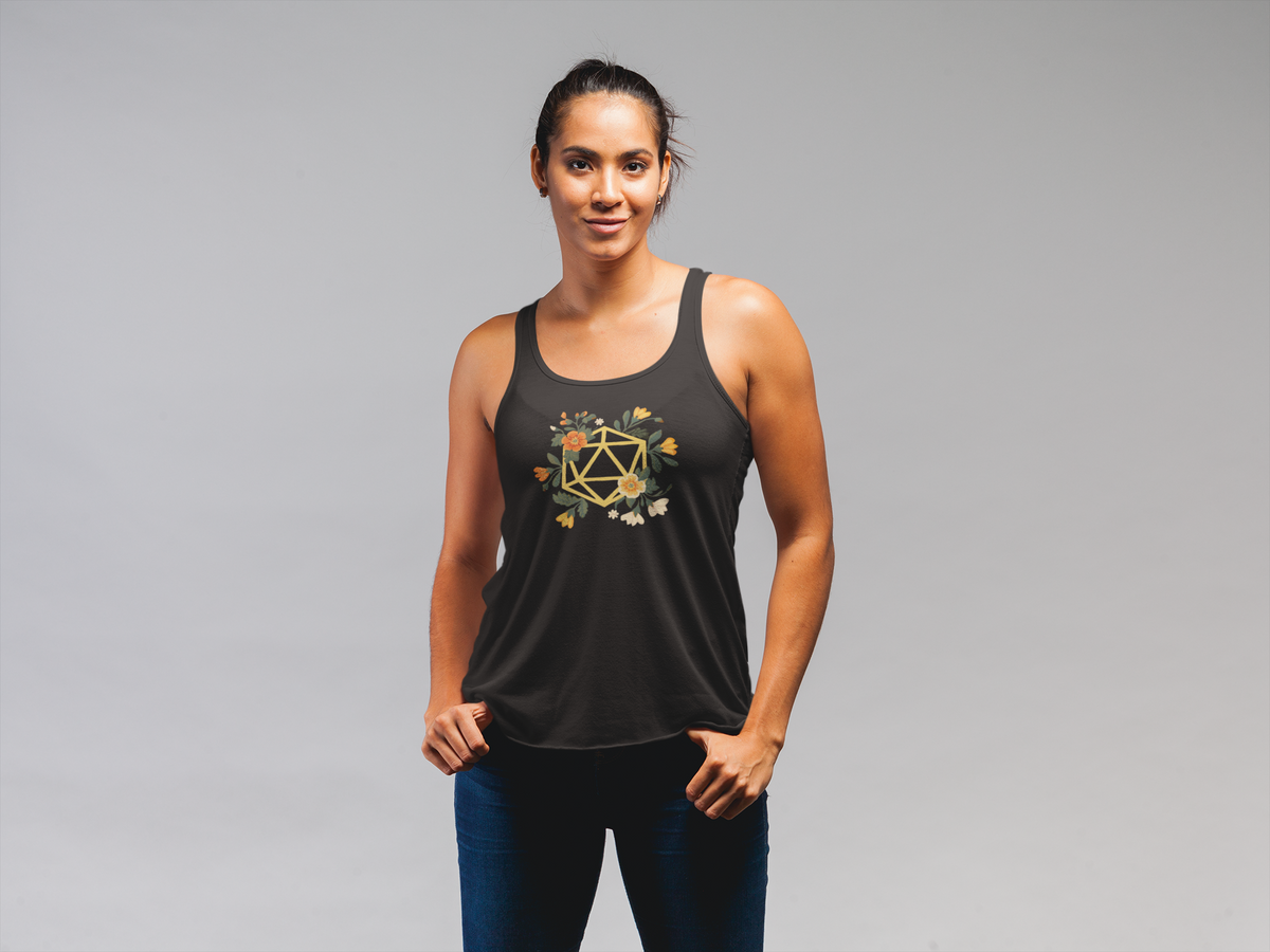 Flower Polyhedron Women's Tank in black, woman wearing it in studio, floral d20 print gift for tabletop gamers