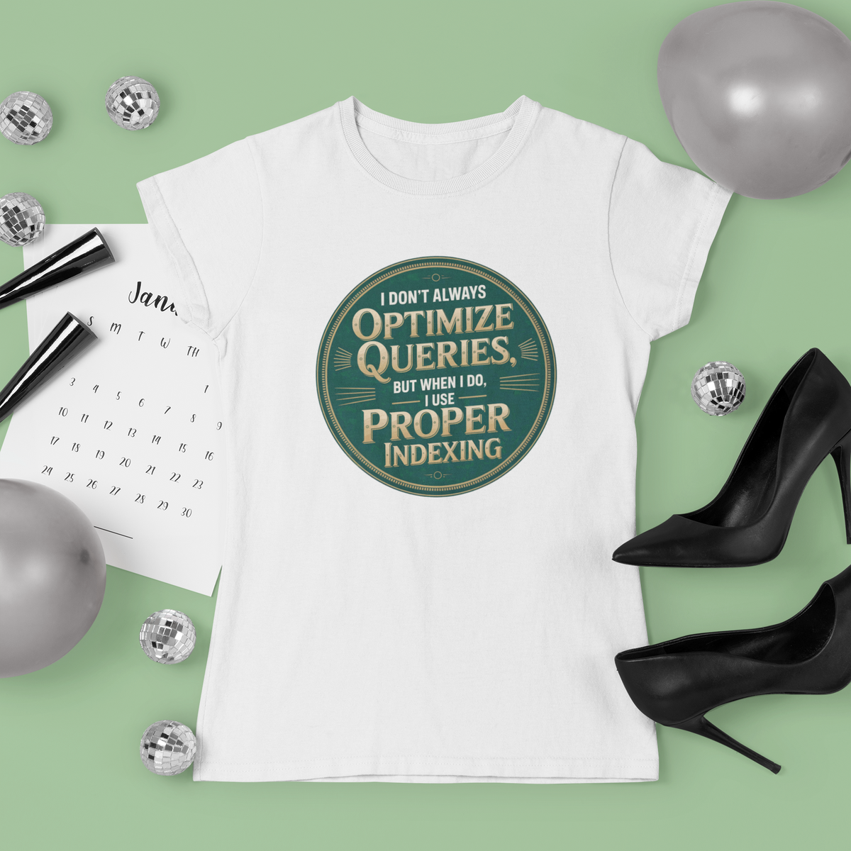 'I Don't Always Optimize Queries' t-shirt in white, flat lay with heels and jewelry, funny gift for programmers