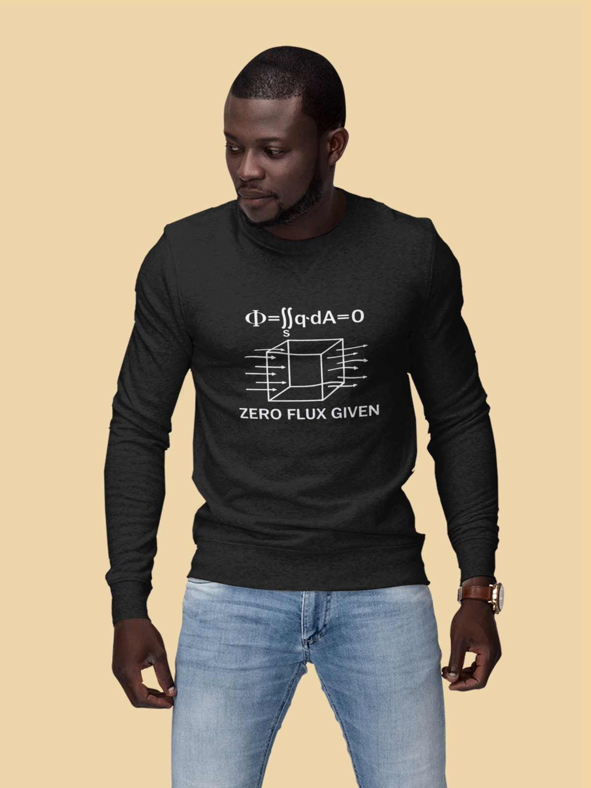 'Zero Flux Given' physics equation Sweatshirt in charcoal, man wearing it against mustard backdrop, science gift