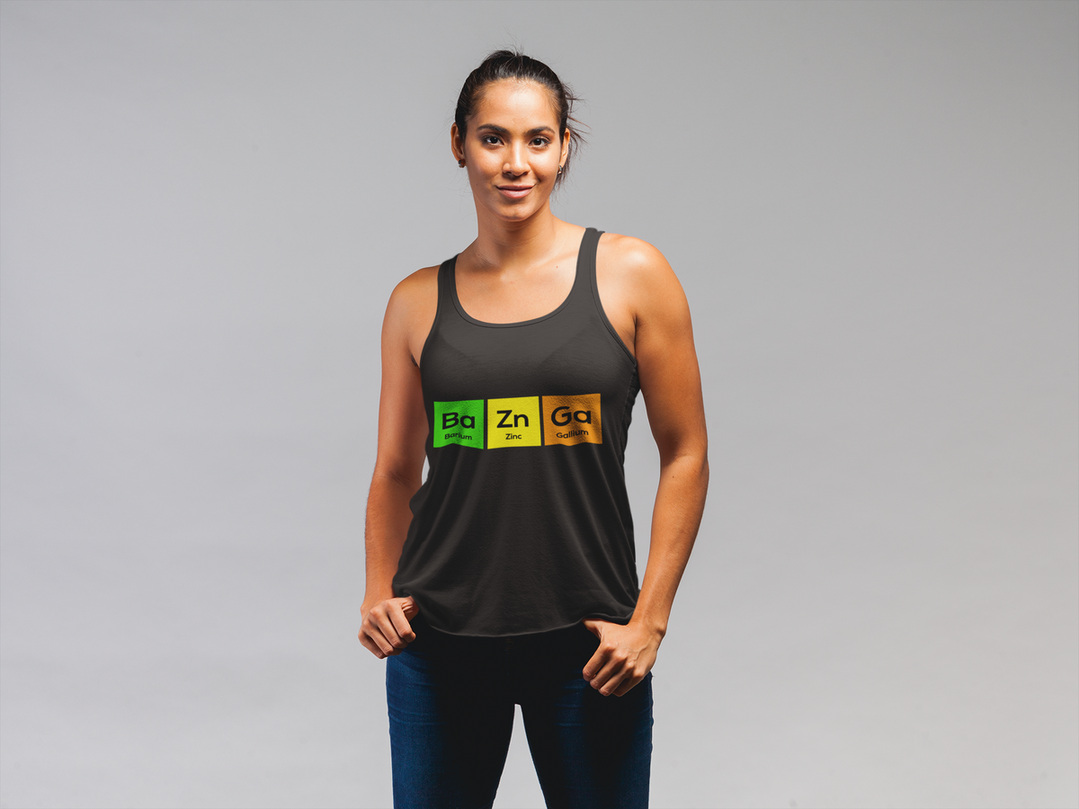 Ba-Zn-Ga Women's Racerback Tank | Funny Periodic Table Bazinga Pun Tank Top | Science Humor Gift for Her | Geekpsters