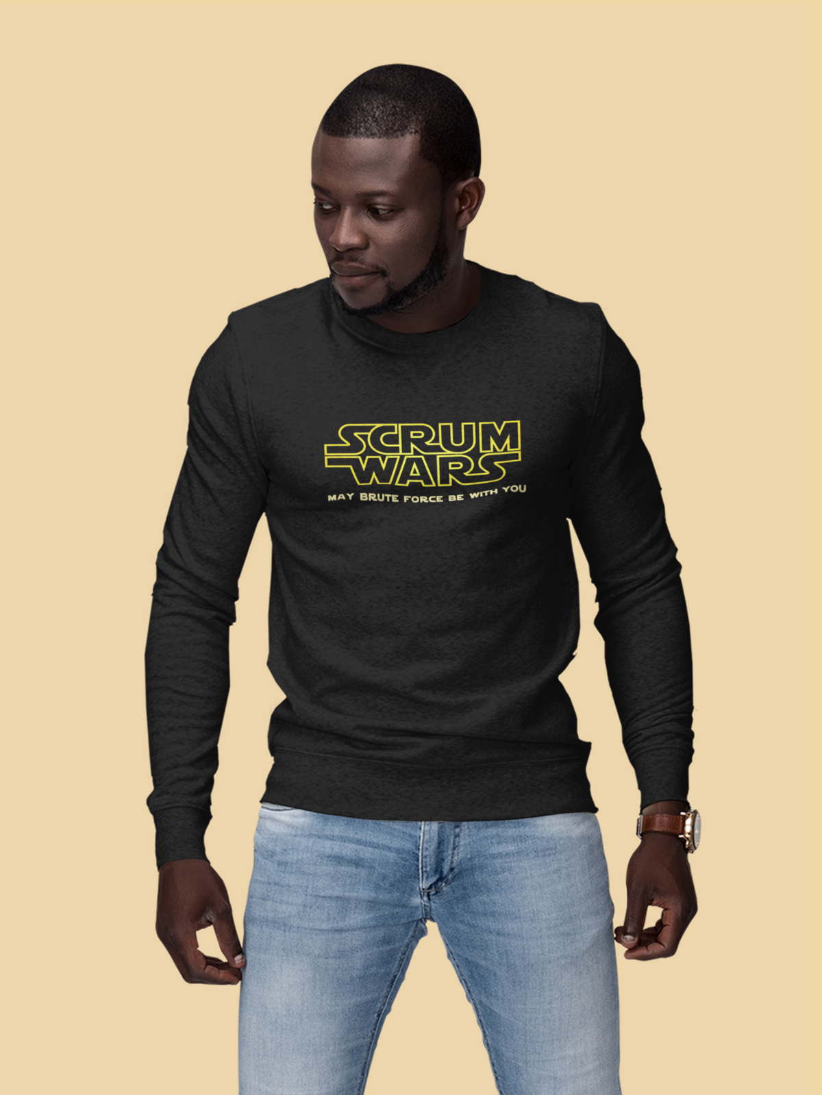 "Scrum Wars" sweatshirt in olive, man wearing it outdoors, funny gift for agile developers