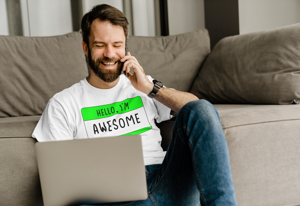 Model wearing Hello I'm Awesome t-shirt front view | Geekpsters