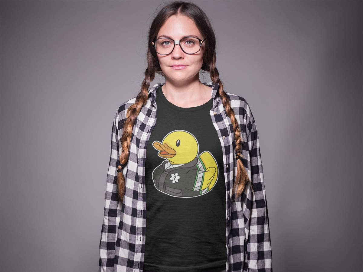 Medical worker duck t-shirt in black, woman model with braids wearing it under a plaid shirt, funny doctor gift