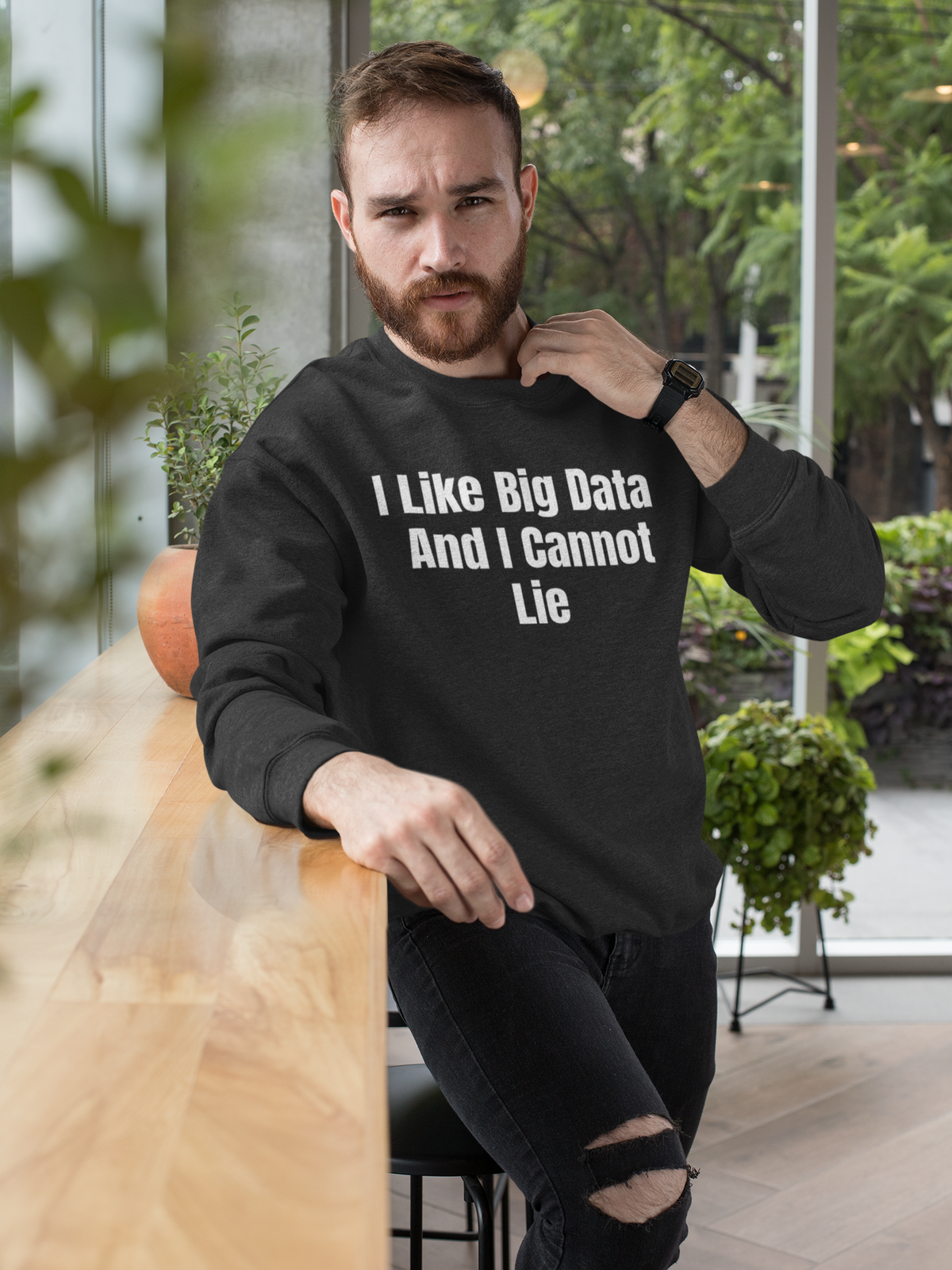 'I Like Big Data And I Cannot Lie' Sweatshirt in black, bearded man wearing it outdoors, funny data gift