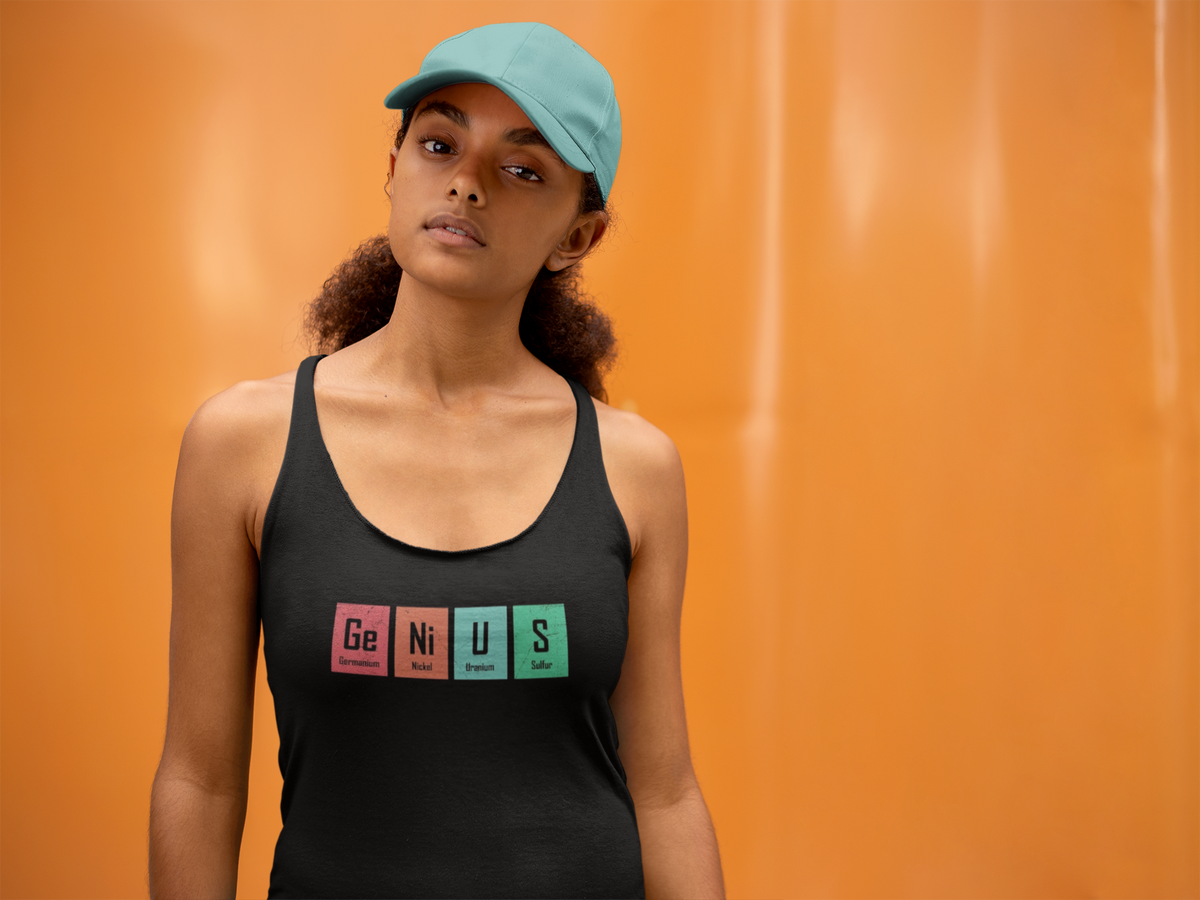 'Ge-Ni-U-S' racerback tank top in black, woman wearing it by an orange wall, Tank Top mockup, Geekpsters