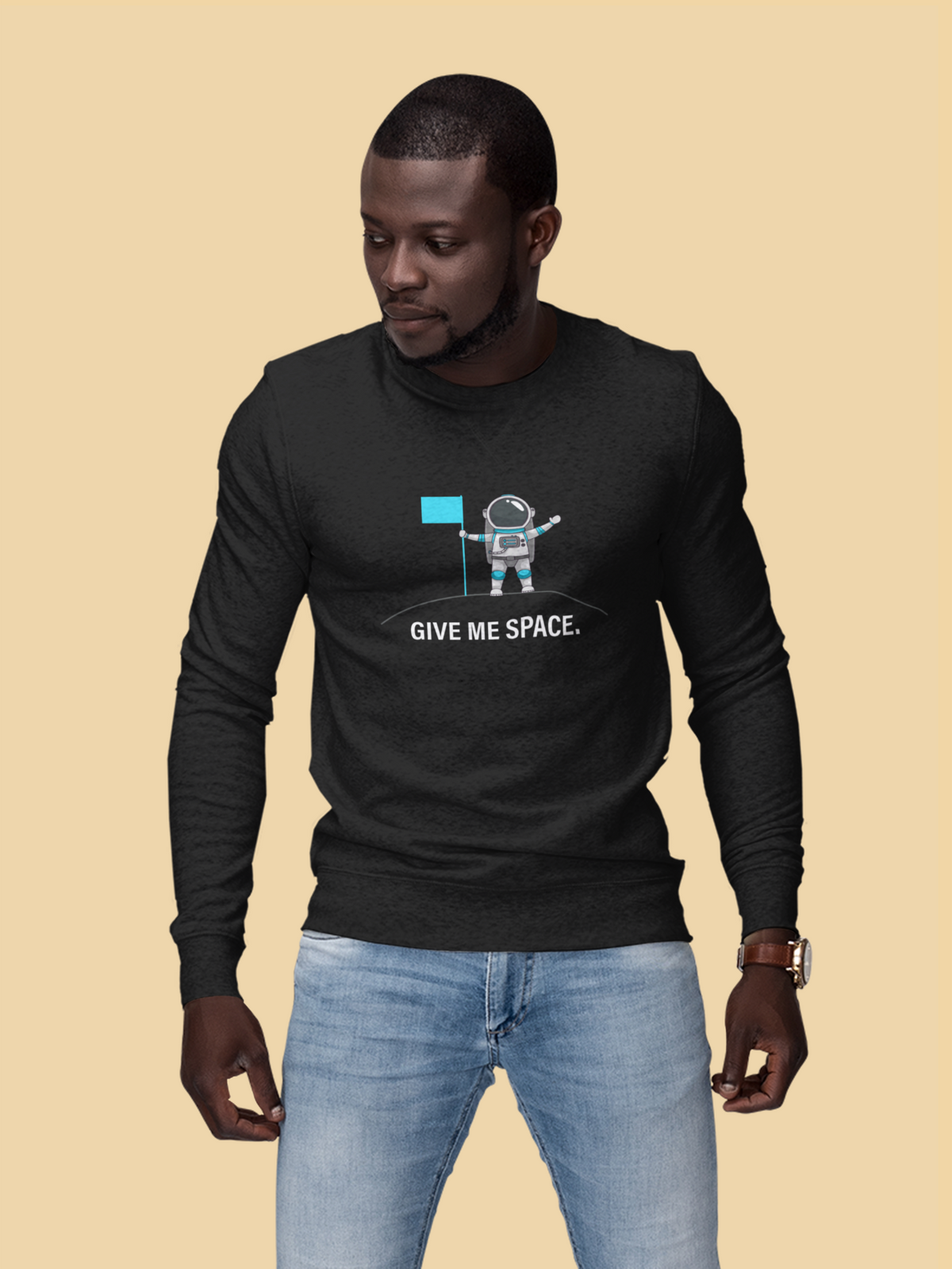 Give Me Space Sweatshirt in charcoal, man wearing it against a tan backdrop, funny introvert gift