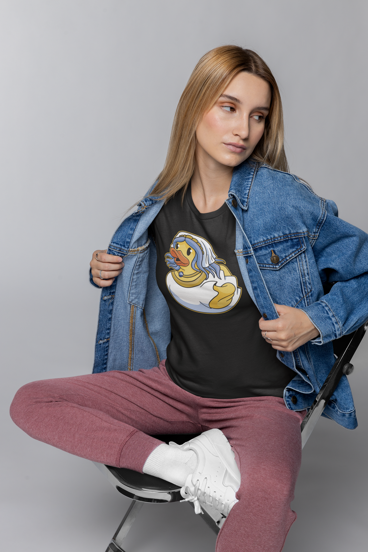 Lady duck t-shirt in black, woman model wearing it under an open denim jacket, funny bachelorette gift
