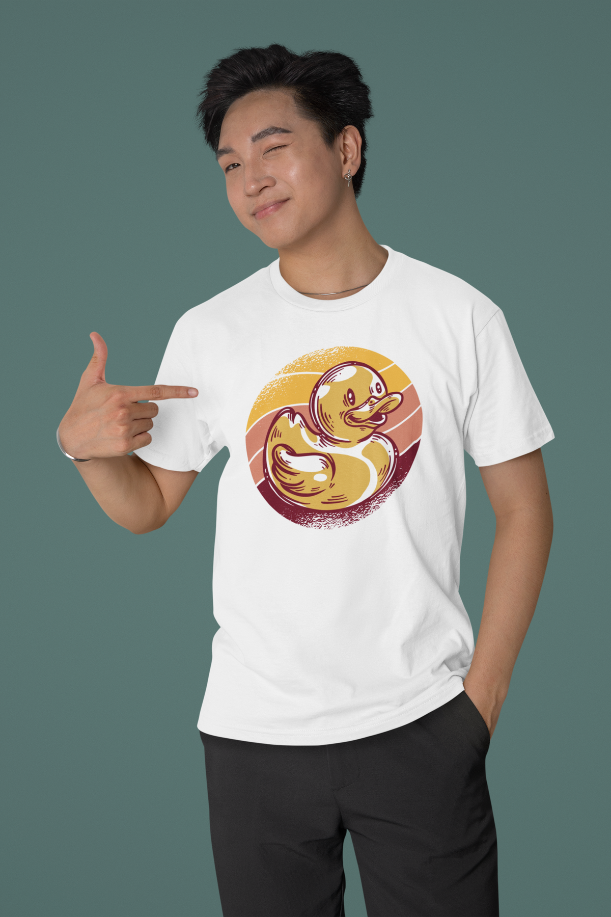 Vintage duck t-shirt in white, man model wearing it against a dark teal background, funny gift for duck lovers