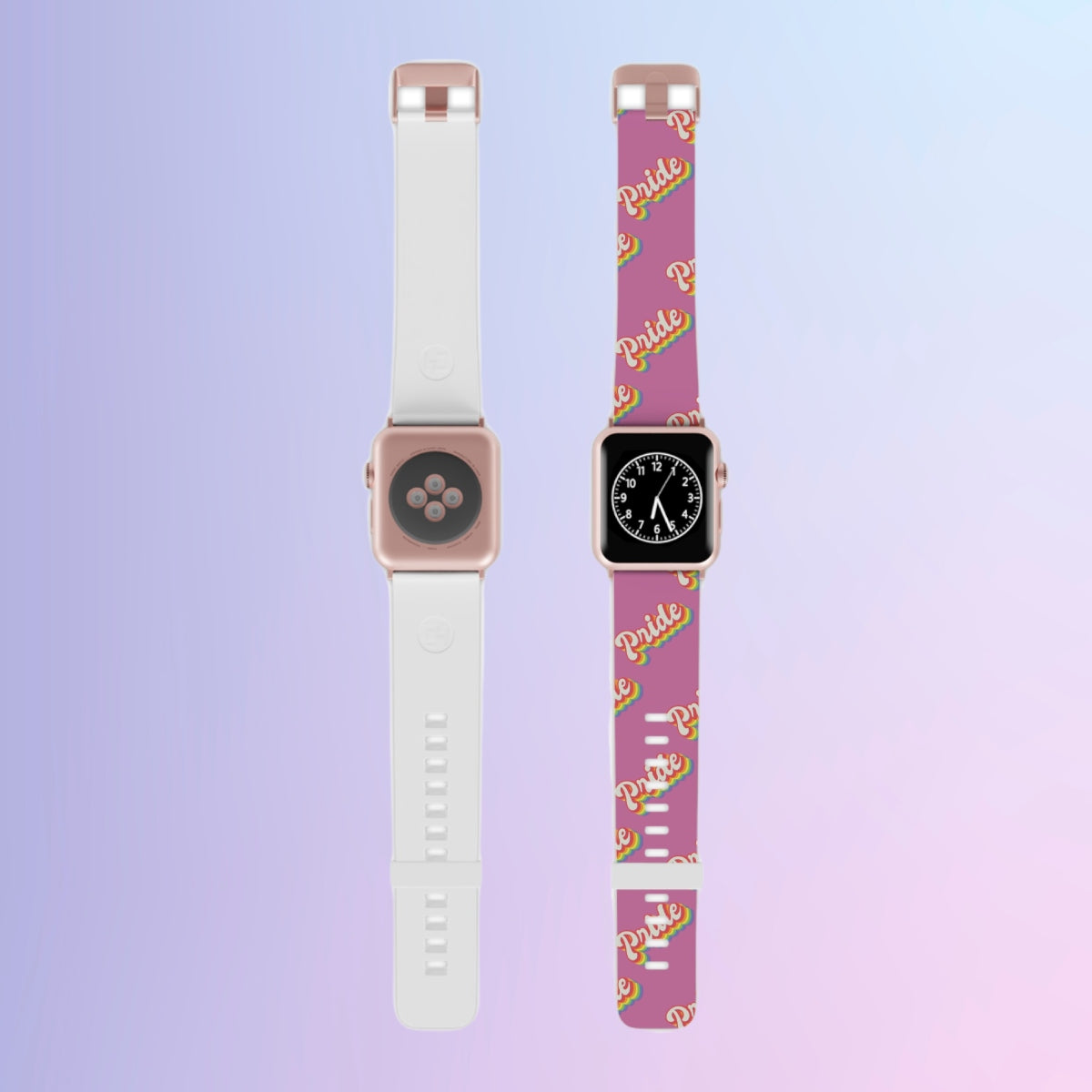 Two custom-printed pink and white Pride Bands for Apple Watch, a fashionable alternative on a pink background.